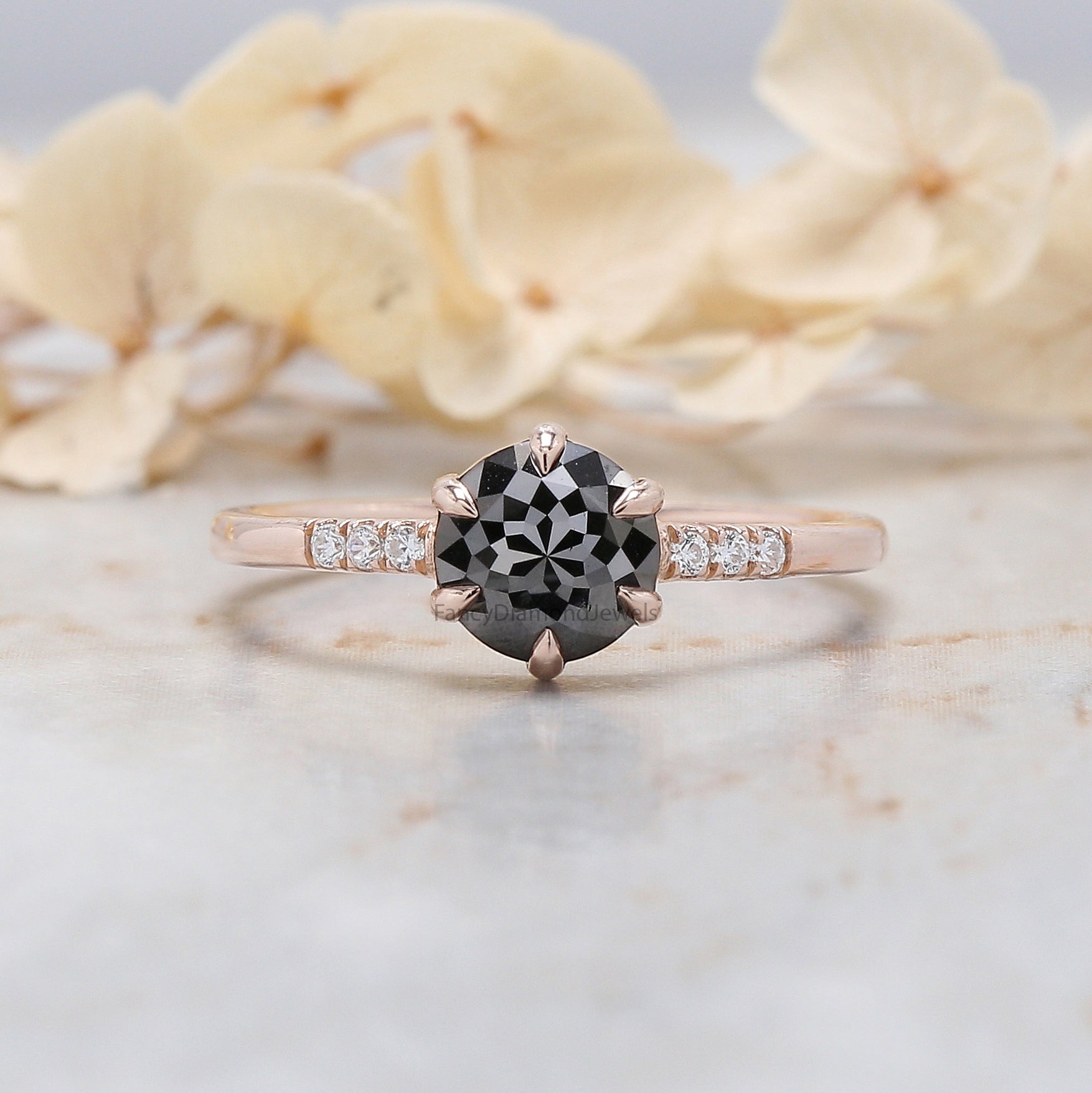 Round Rose Cut Black Color Diamond Ring 0.74 Ct 6.13 MM Round Shape Diamond Ring 14K Rose Gold Silver Engagement Ring Gift For Her QN2508
