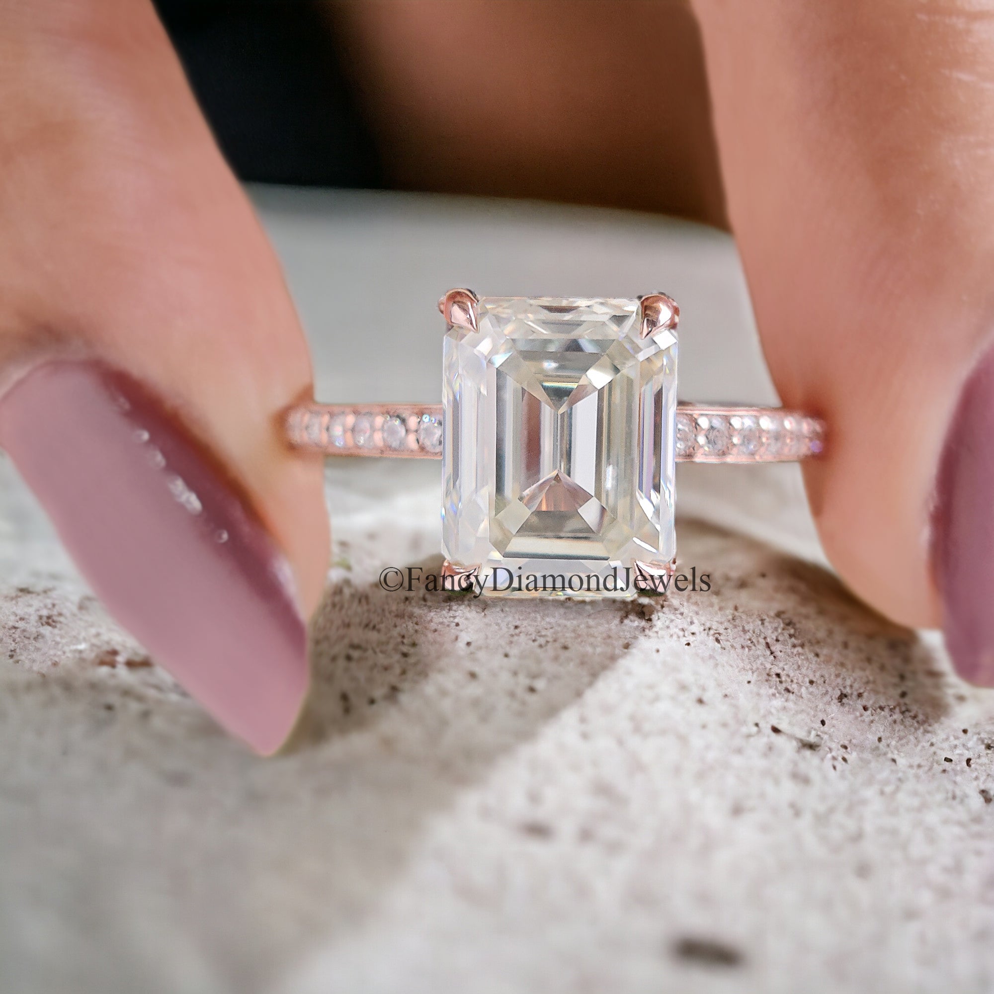 Handmade Custom Ring Emerald Cut Colorless Moissanite Engagement Ring 4 Prongs Wedding Promise Ring 14K Solid Gold Ring Stacking Rings FD72