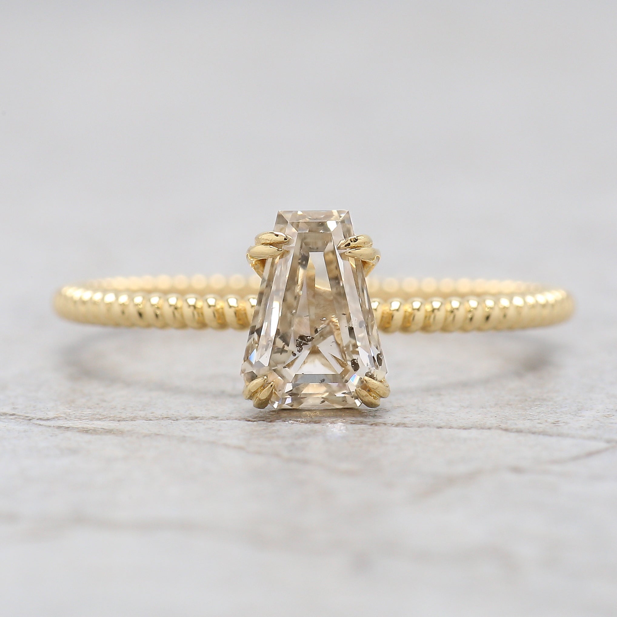 Coffin Shape White-I Color Diamond Ring 1.02 Ct 7.07 MM Coffin Diamond Engagement Ring 14K Yellow Gold Ring Unique Rope Band Ring KDL2659