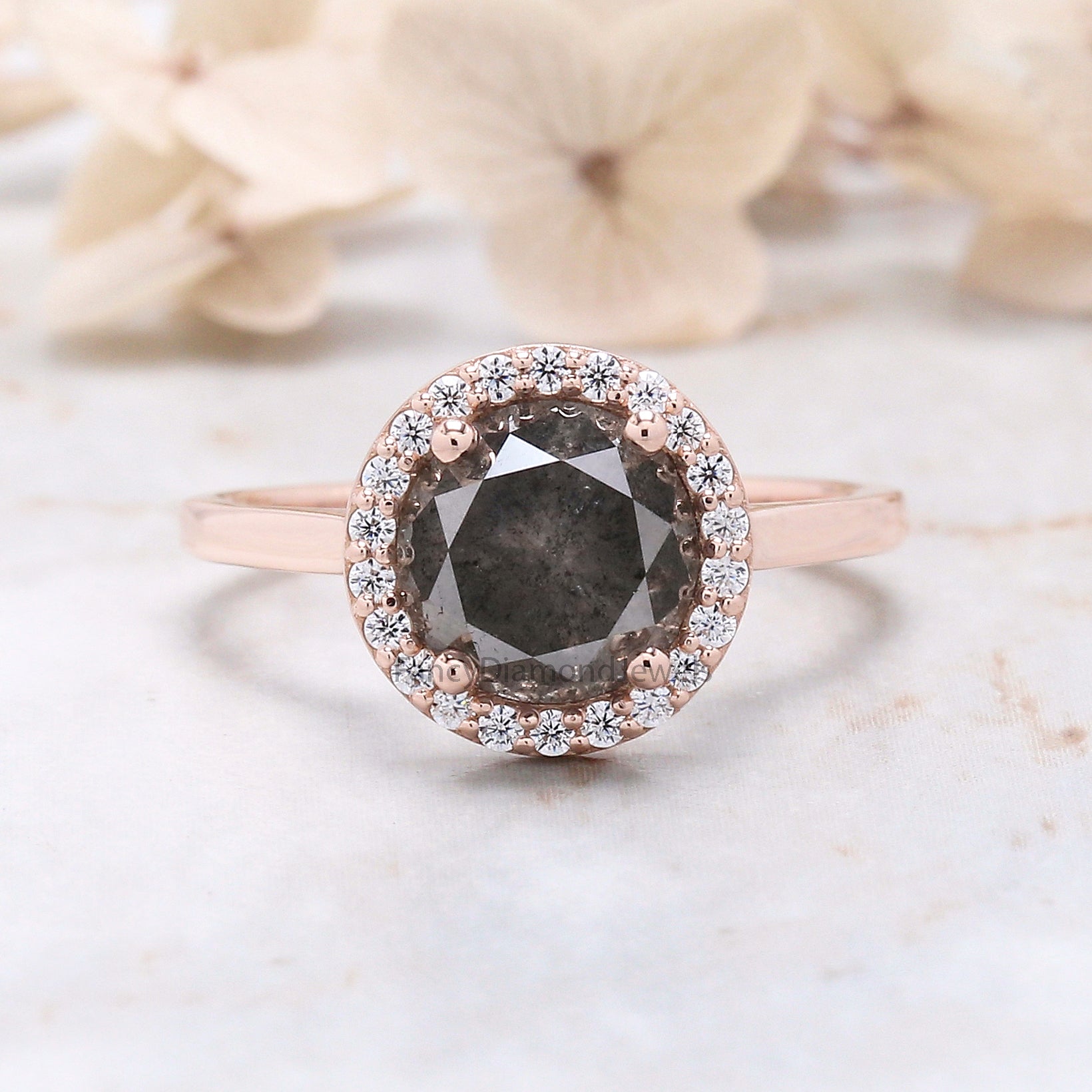 Round Cut Salt And Pepper Diamond Ring 2.68 Ct 7.80 MM Round Diamond Ring 14K Solid Rose Gold Silver Engagement Ring Gift For Her QK1989