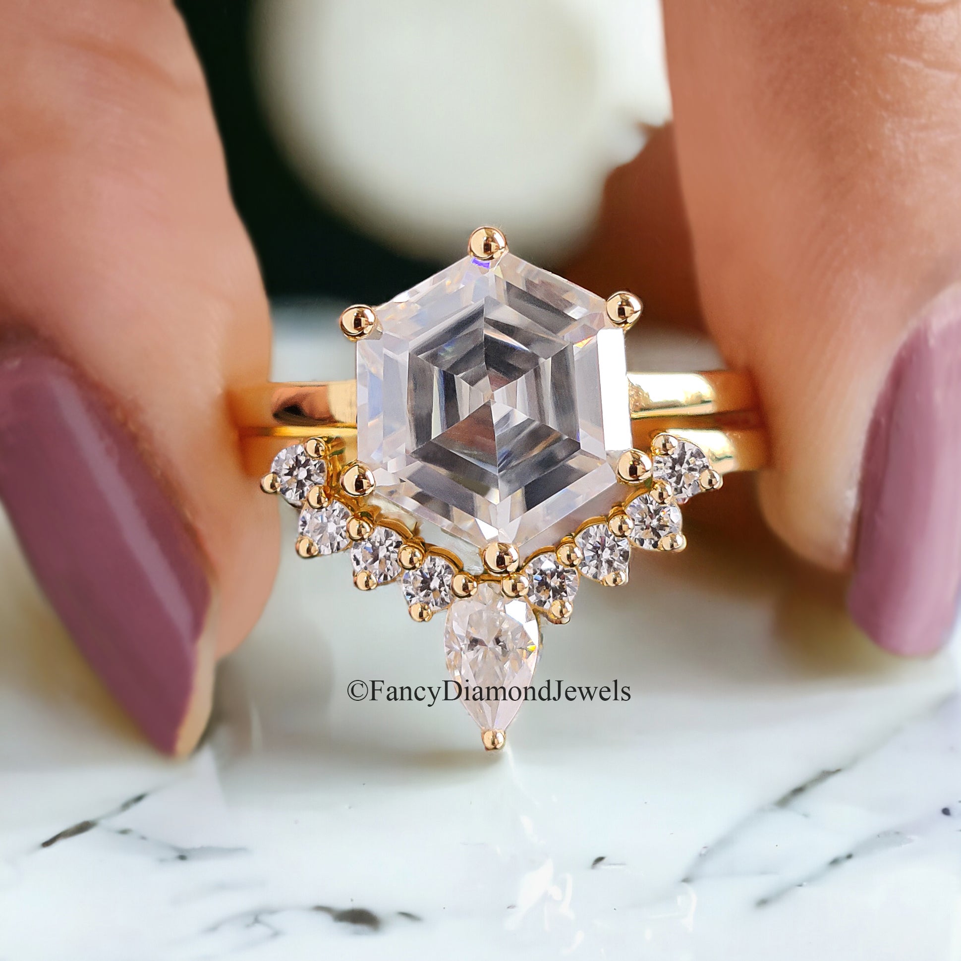 Vintage Moissanite Engagement Ring Set 3.00 CT Moissanite Ring Hexagon Yellow Gold Crown Ring Unique Stacking Ring Diamond Cluster Ring FD82