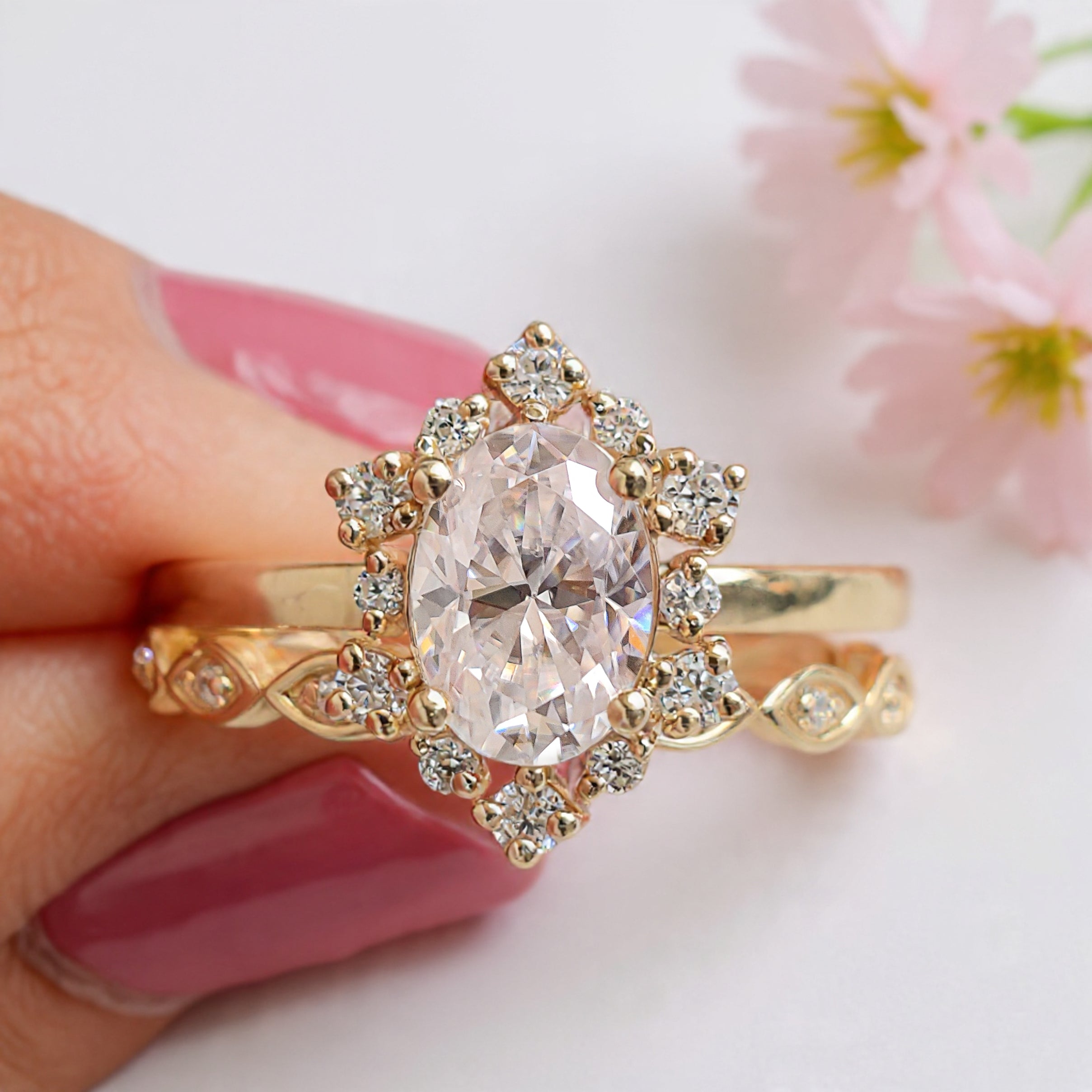 Oval Cut Lab Grown Diamond Engagement Ring Set 0.80 CT Colorless Oval Halo Set Wedding Ring For Women Anniversary Bridal Ring Set FD271