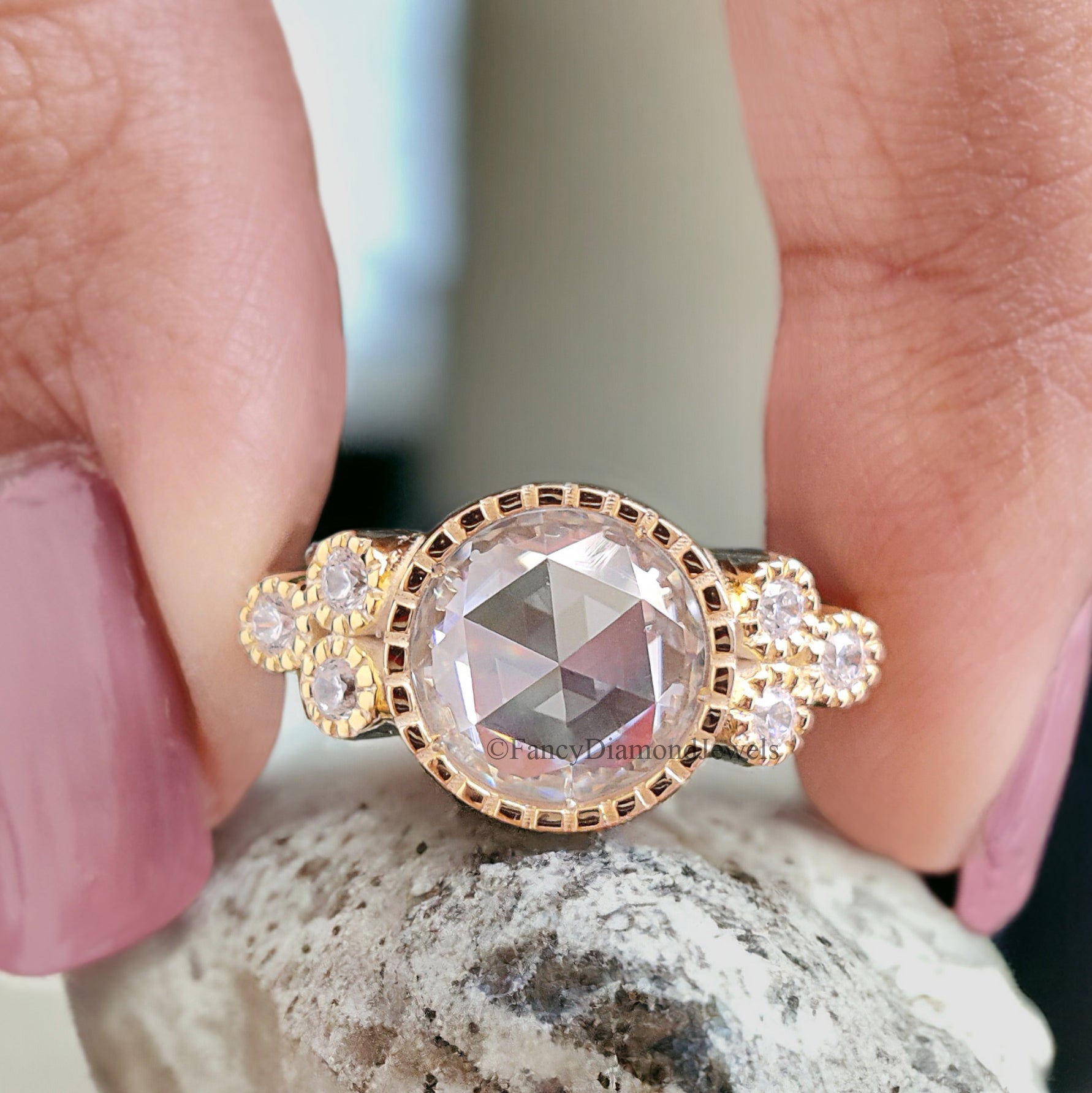 Vintage Style Round Rose Cut Colorless Moissanite Bezel Set Engagement Ring Milgrain Wedding Ring Designer Gold Ring Anniversary Ring FD276