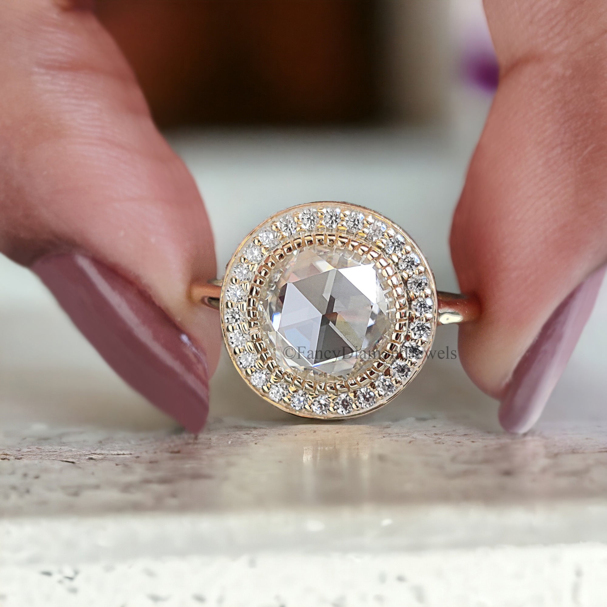 1.70 CT Round Rose Cut Colorless Moissanite Ring Halo With Pave Setting Engagement Ring Wedding Ring Anniversary Ring Bridal Ring FD152