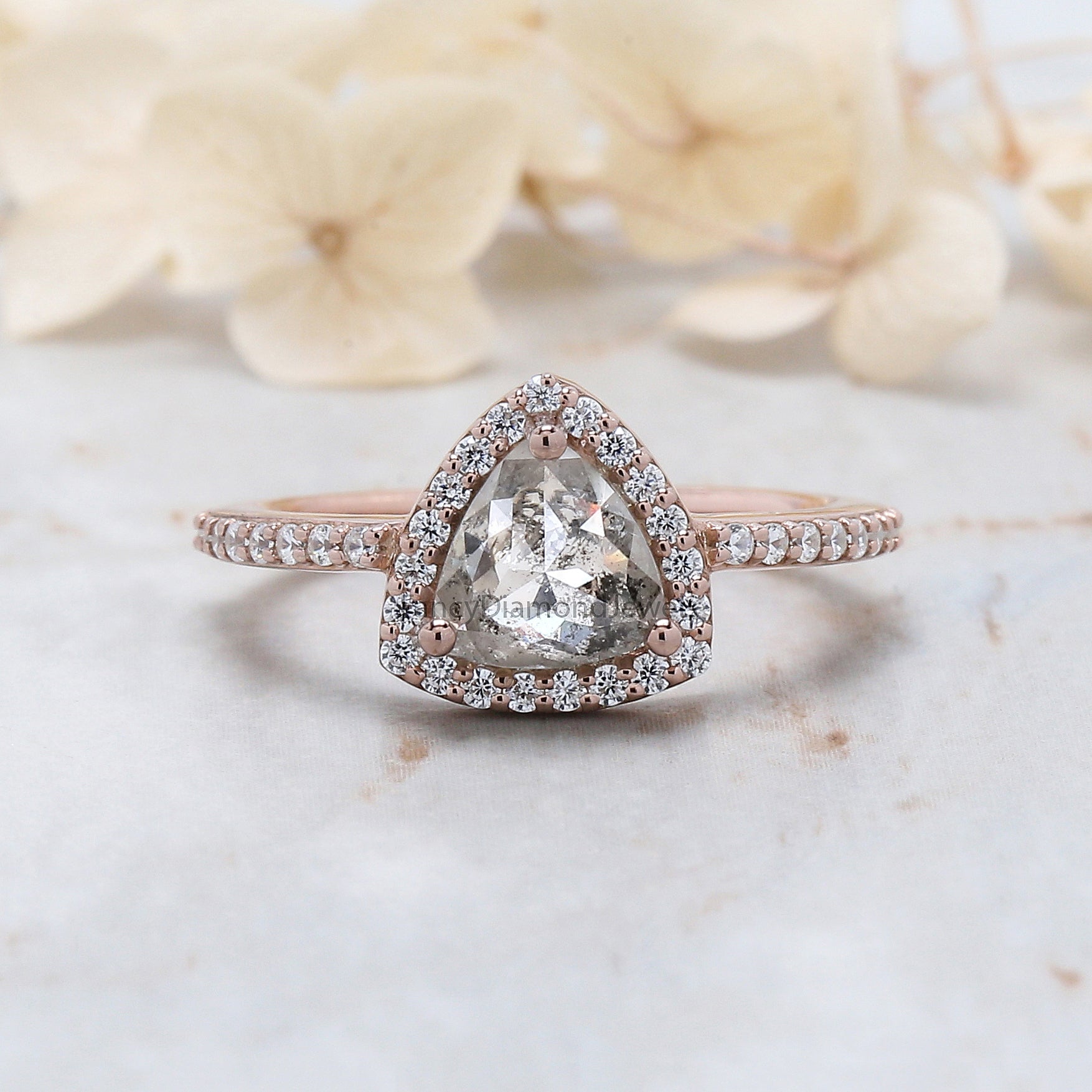 1.35 Ct Natural Triangle Salt And Pepper Diamond Ring 7.10 MM Triangle Diamond Ring 14K Solid Rose Gold Silver Engagement Ring QN8925