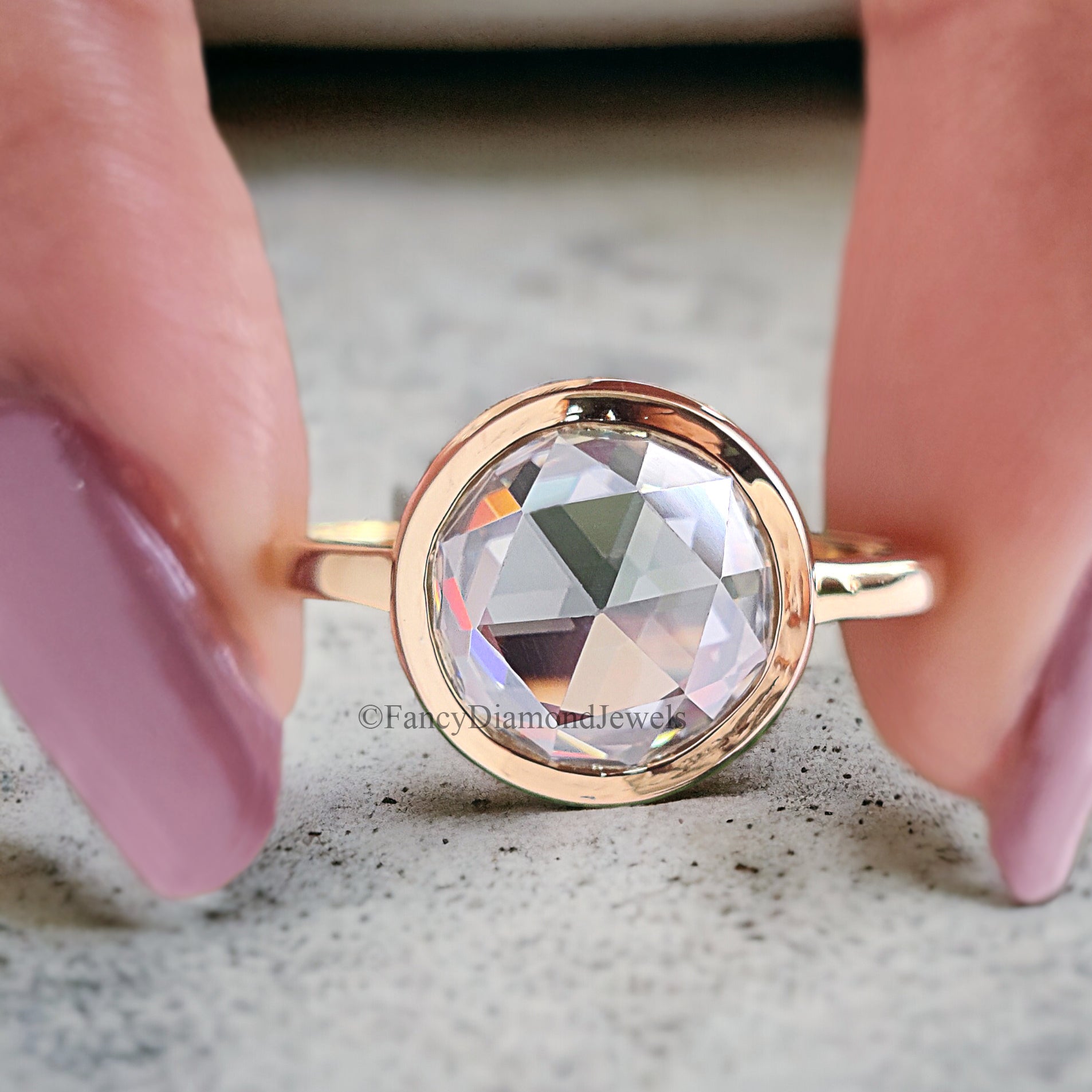 Singular Bezel Set Round Rose Cut Moissanite Engagement Ring 2.65 CT Round Rose Cut Classic Simple Solitaire Moissanite Wedding Ring FD203