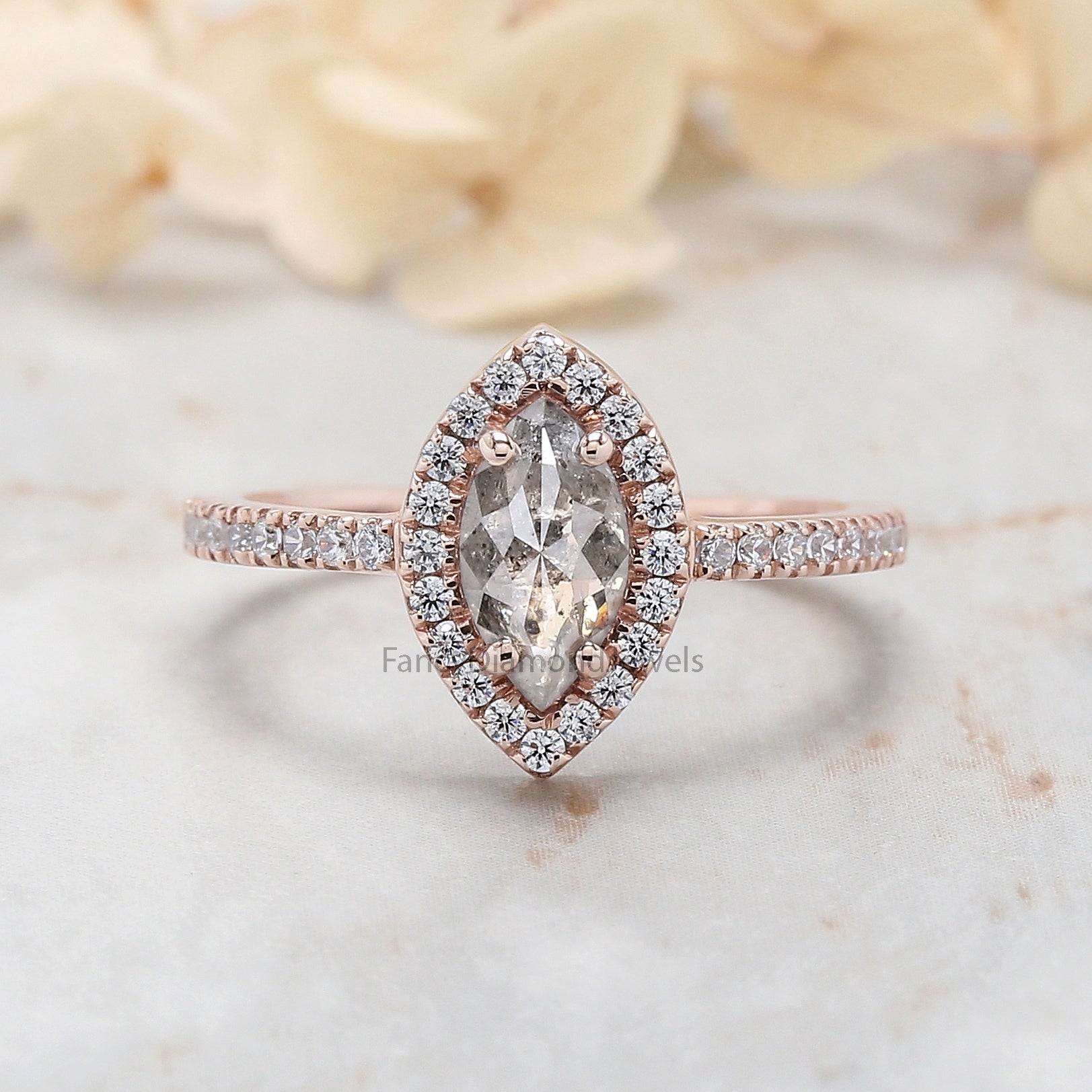 Marquise Cut Salt And Pepper Diamond Ring 0.83 Ct 8.50 MM Marquise Diamond Ring 14K Rose Gold Silver Engagement Ring Gift For Her QN9798