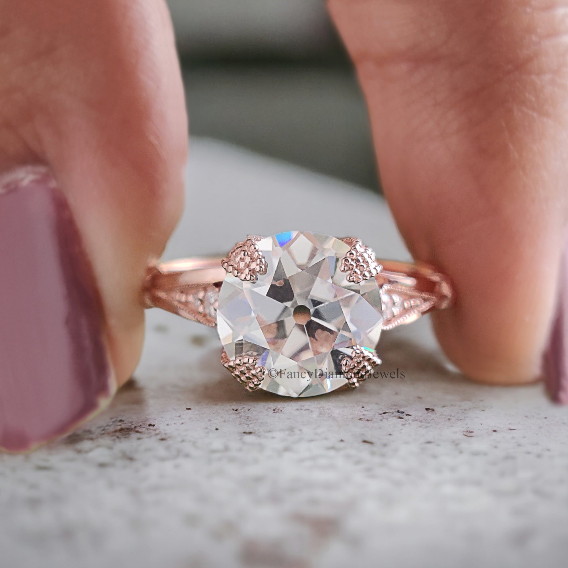 Old European Cut Engagement Ring Rose Gold Ring Round Moissanite Ring 2 CT Moissanite Milgrain Setting Ring Promise Ring For Her FD270