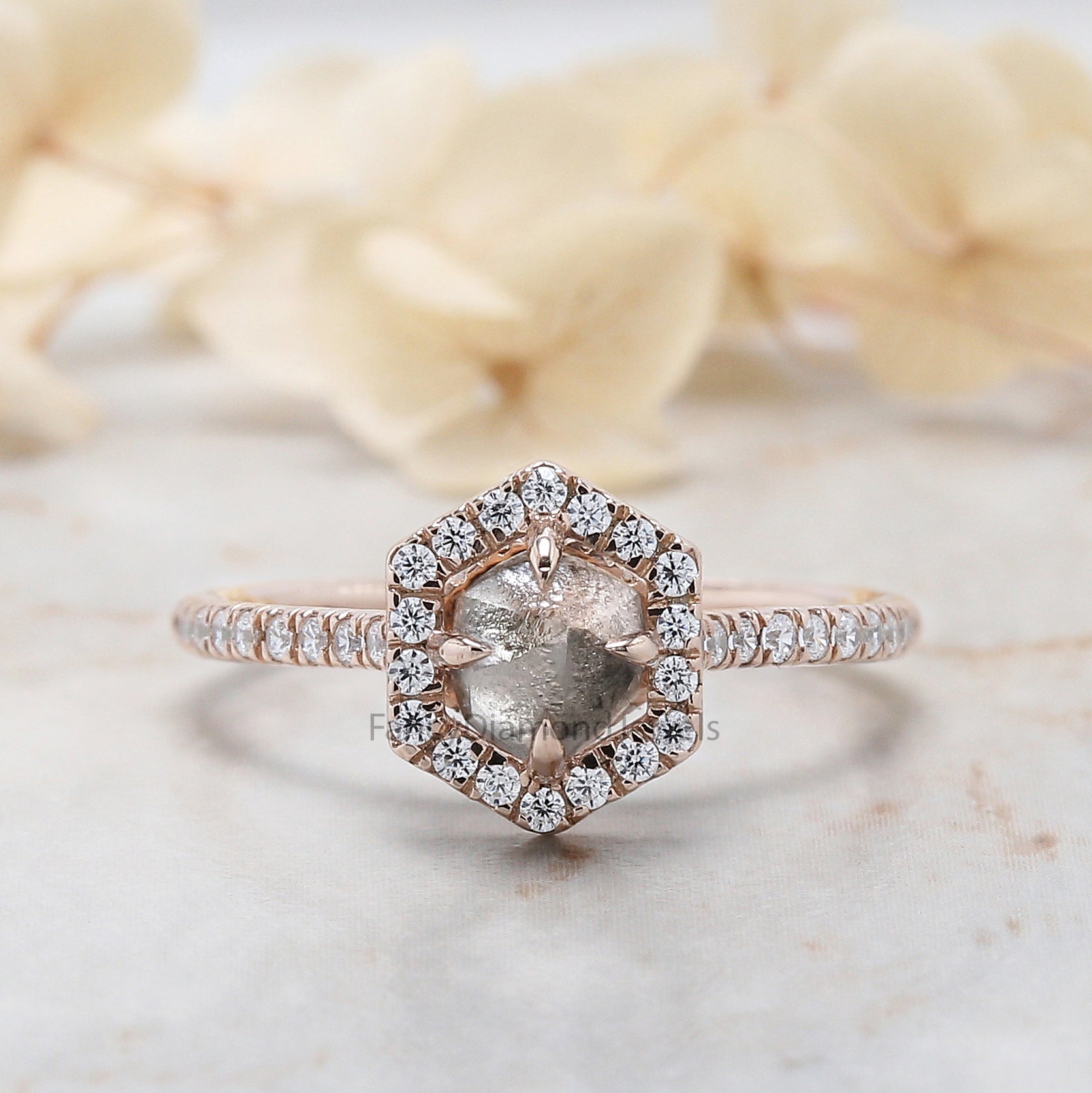 1.15 Ct Natural Rough Salt And Pepper Diamond Ring 6.00 MM Rough Diamond Ring 14K Solid Rose Gold Silver Engagement Ring Halo Ring QN2523