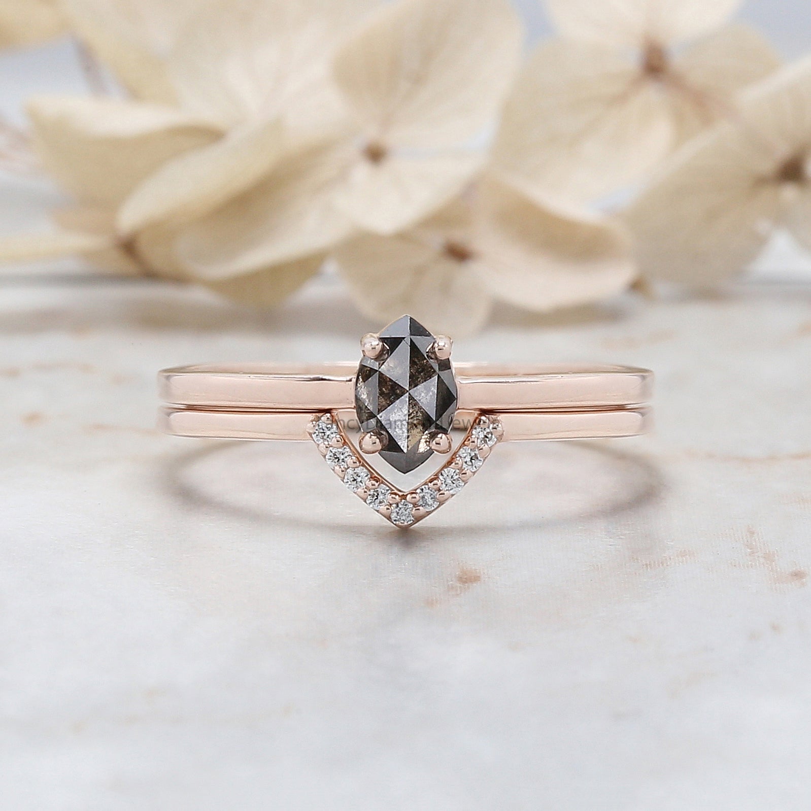 Marquise Salt And Pepper Diamond Ring, Salt And Pepper Marquise Diamond Engagement Ring, Marquise Cut Ring, Marquise Bridal Ring Set, KD1130