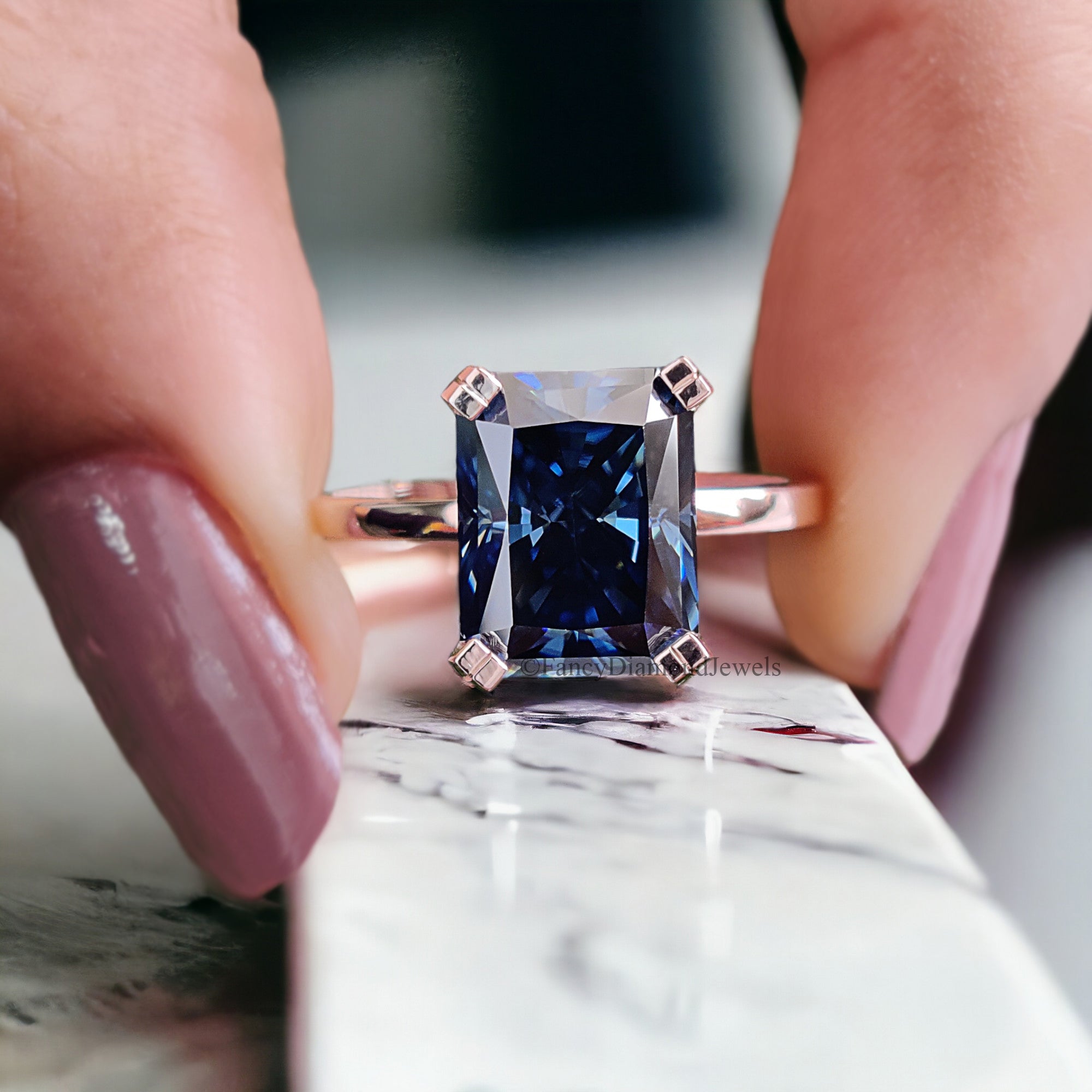 2.90 CT Royal Blue Radiant Ring Moissanite Ring Double Claw Prong Set Ring 14 KT Solid Rose Gold Ring Engagement Ring Wedding Ring FD169