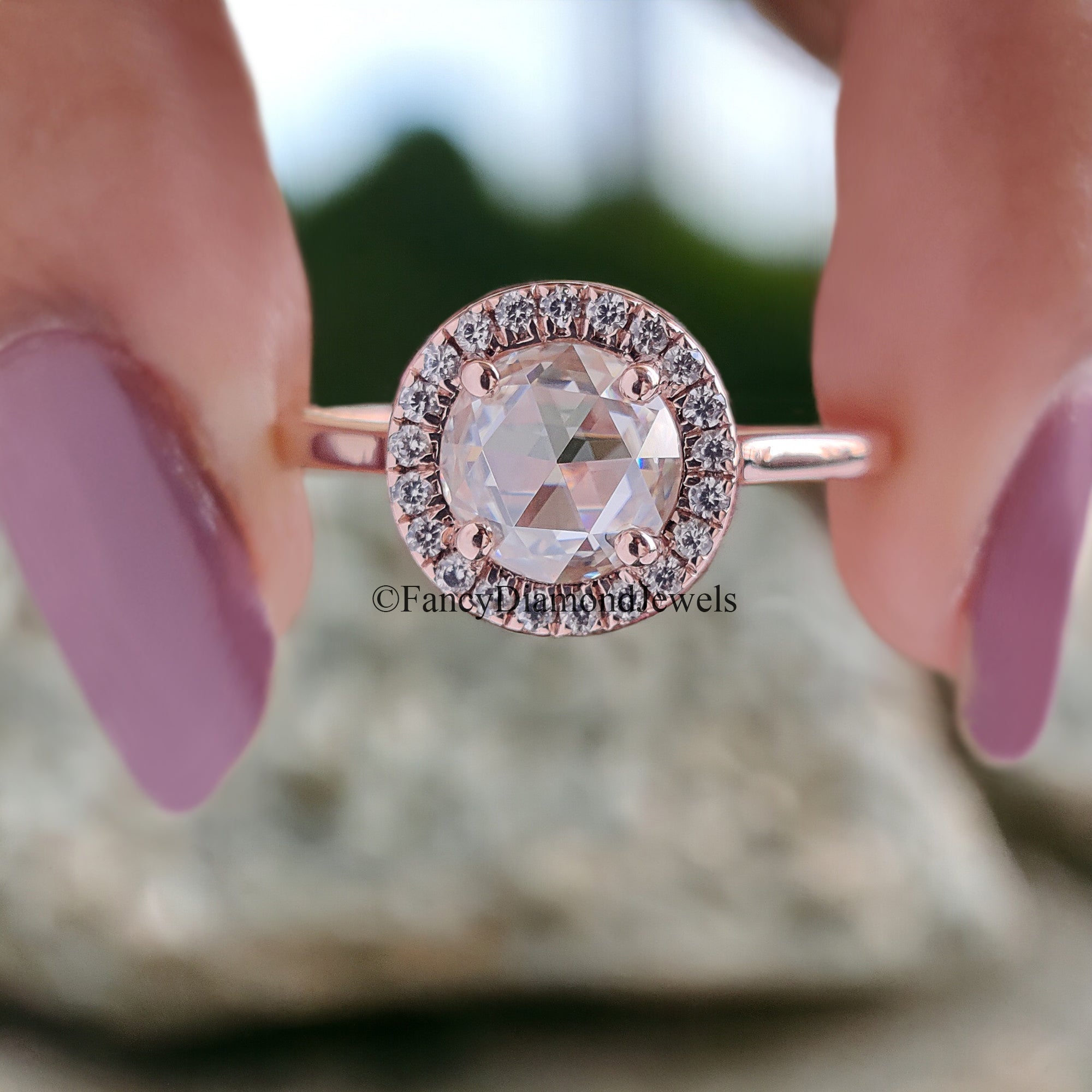 1.00 CT Round Rose Cut Colorless Moissanite Ring Halo With Micro Setting Engagement Ring Wedding Ring Anniversary Ring Bridal Ring FD97