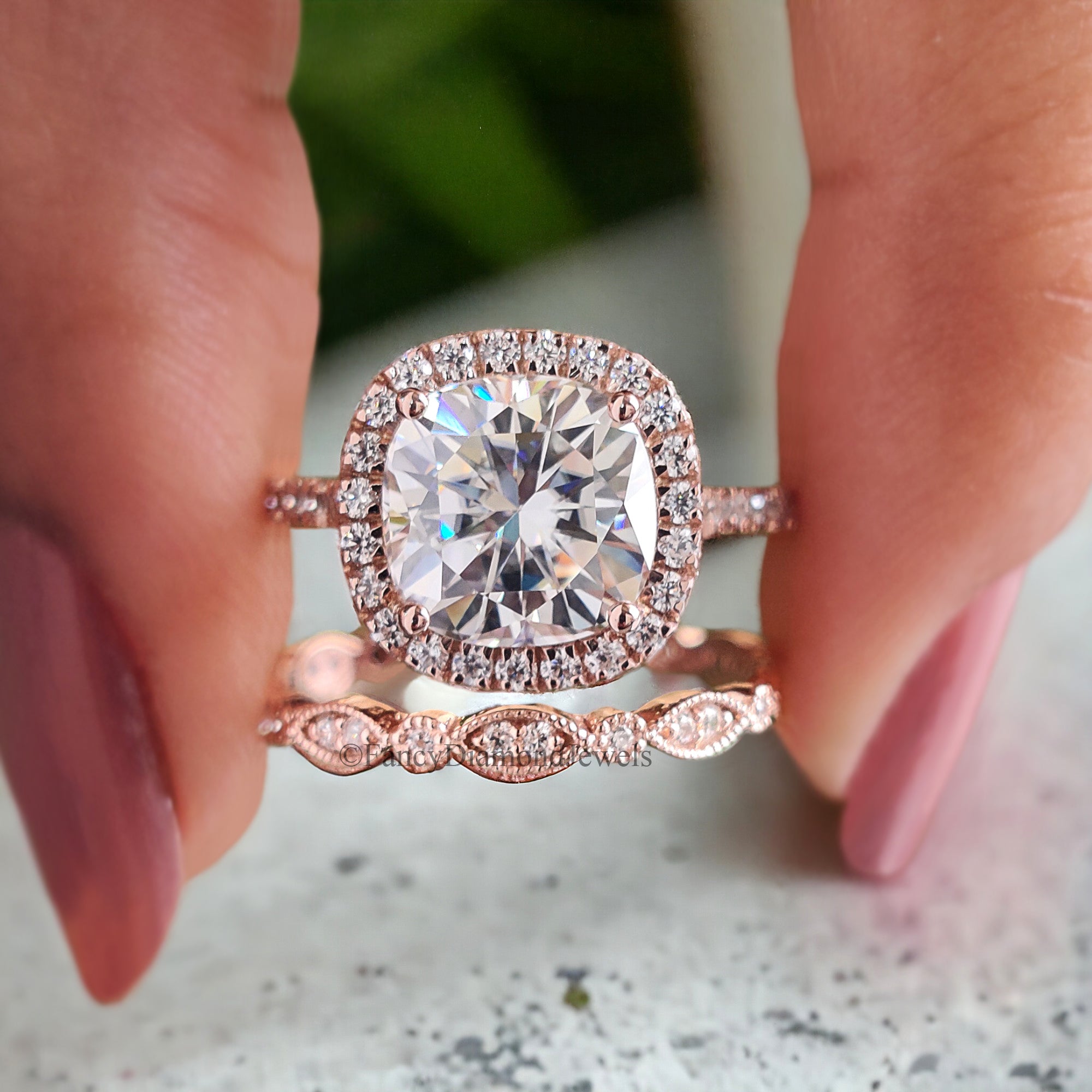 2.00 CT Moissanite Engagement Ring Cushion Moissanite 14k Rose Gold and Diamond Ring Diamond Half Eternity Milgrain Band Promise Ring FD125
