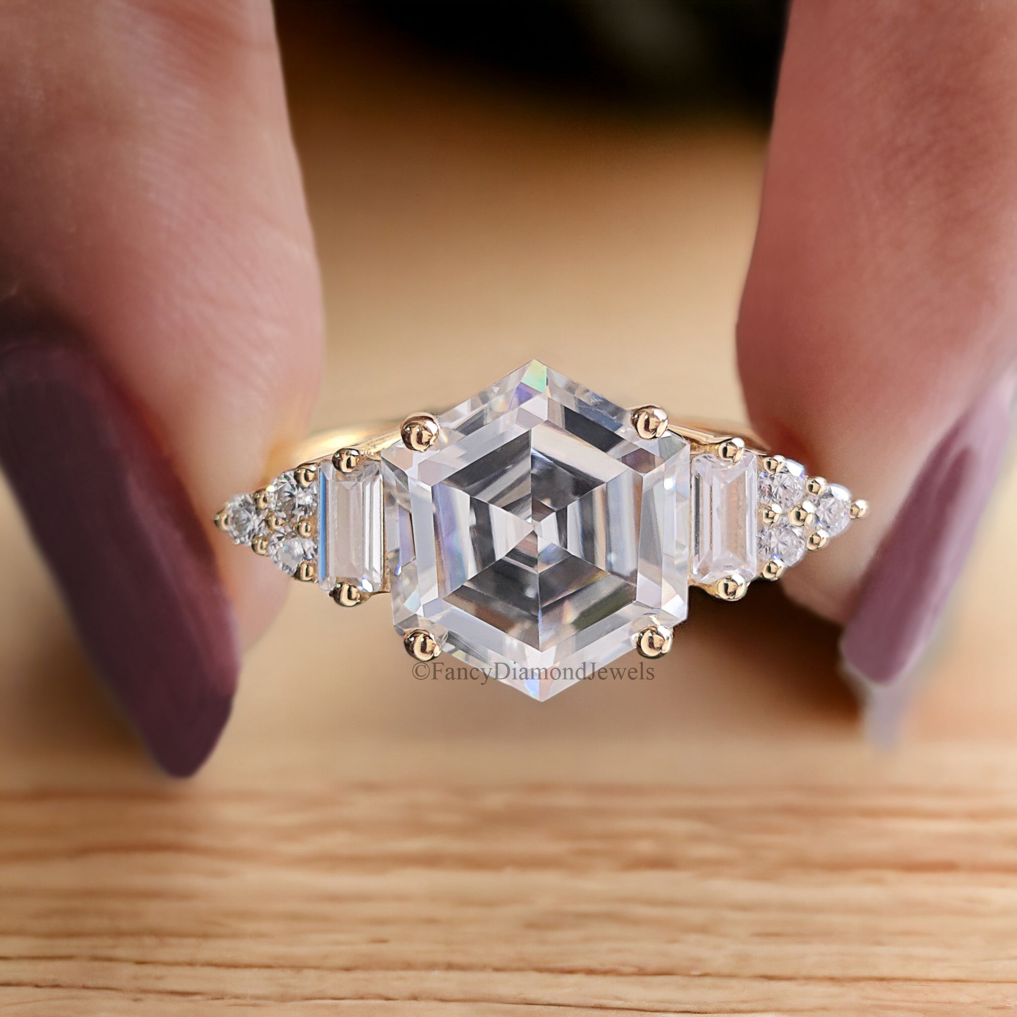 3.00 CT Antique Hexagon Moissanite Engagement Ring Baguette And Round Ring Ring For Gifting Wedding Ring Anniversary Gift Ring Her FD170