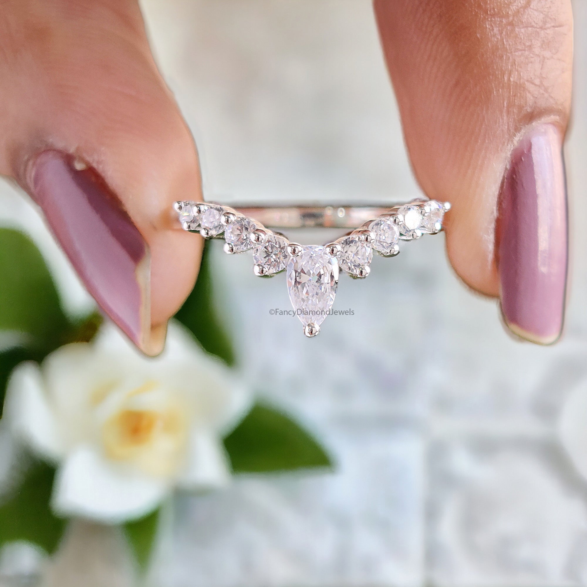 0.23 CT Pear Cut Moissanite with side Round Brilliant Cut Moissanite Diamond Tiara Wedding Band Anniversary Gift for Her Bridal Band FD36