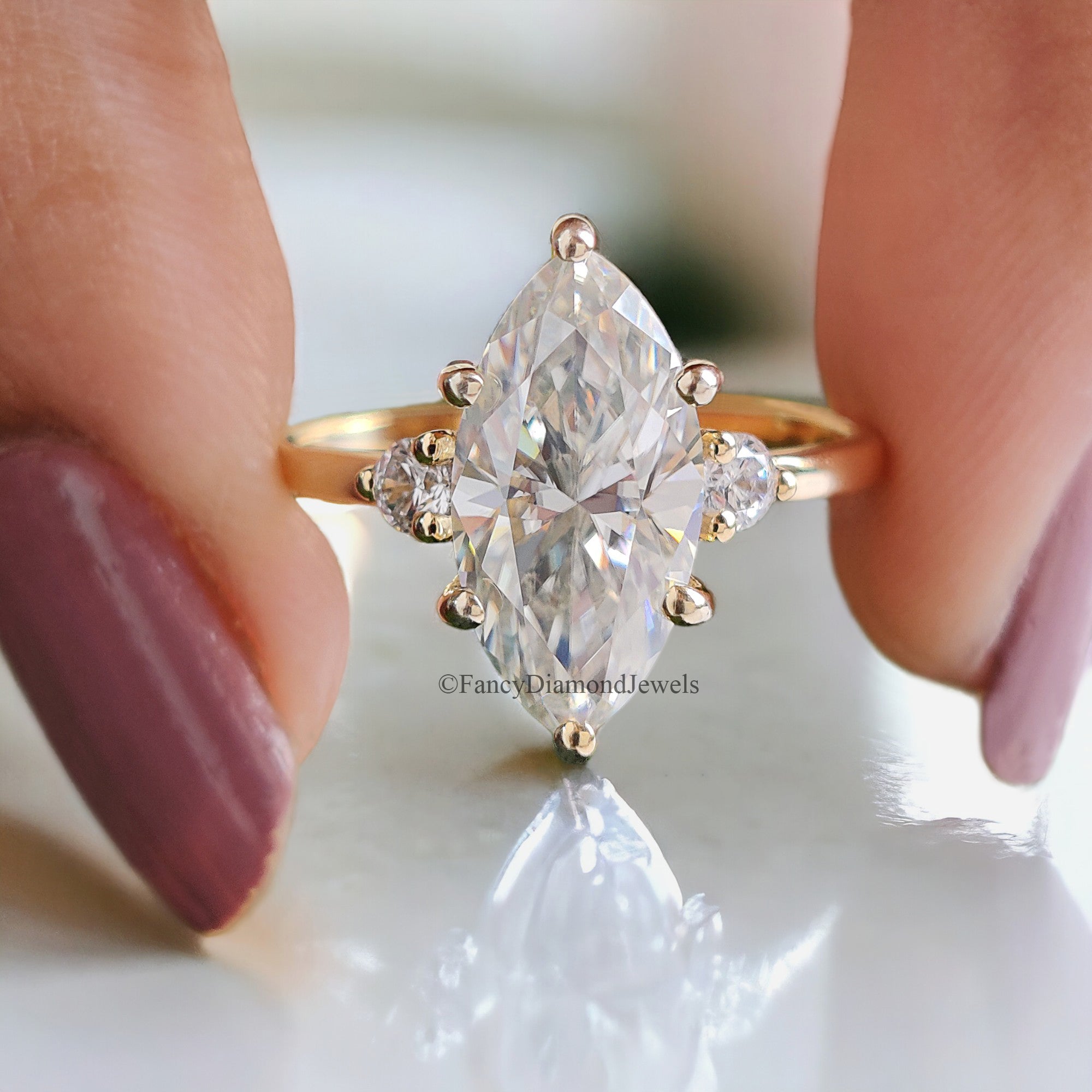 2 Carat Marquise Shape Colorless Engagement Ring With Side Accent Stones Wedding Ring Anniversary Ring 14K Solid Real Yellow Gold Ring FD74