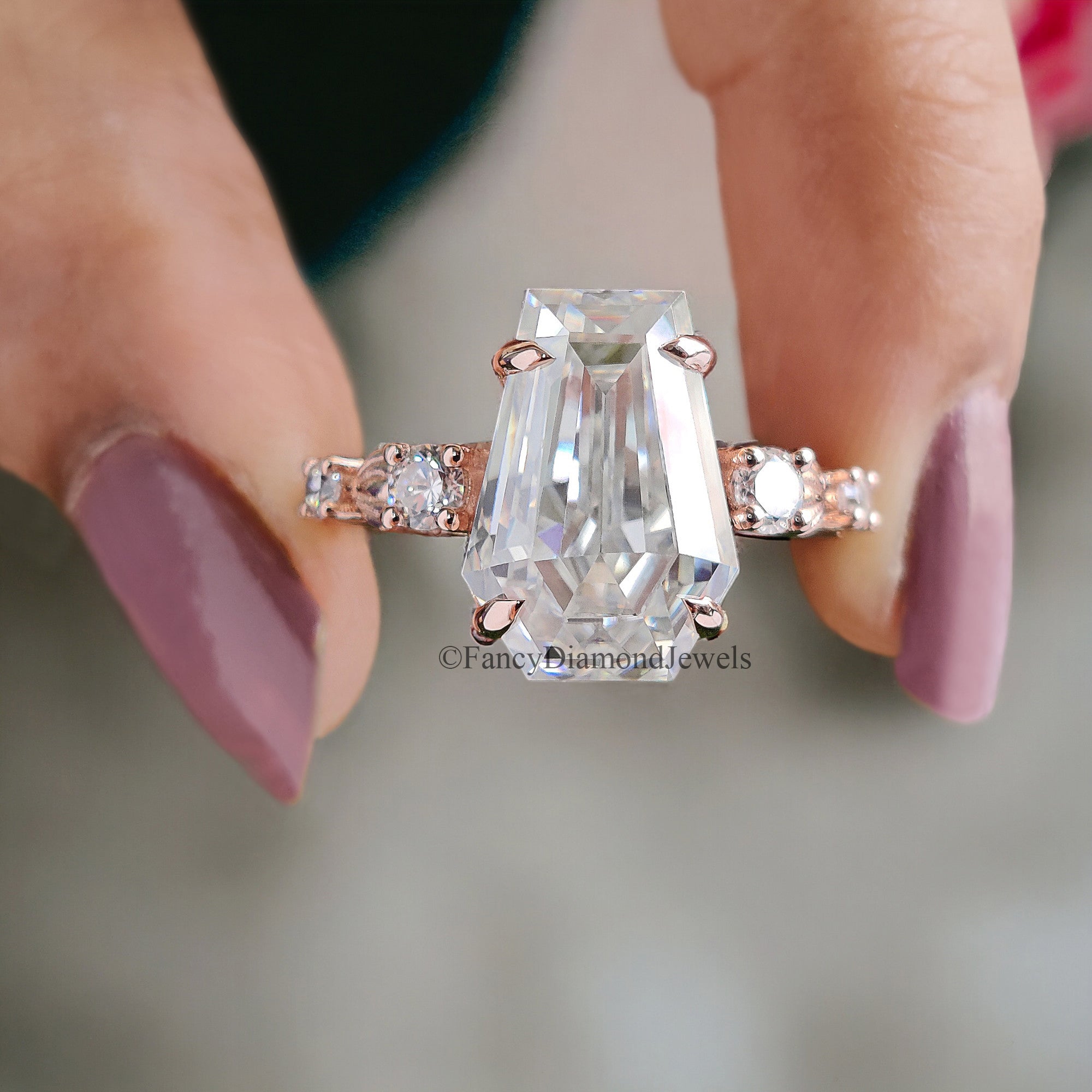 5.5 CT Coffin Shaped Moissanite Engagement Ring Vintage Unique Solid Rose Gold Moissanite Engagement Ring Bridal Promise Gift For Women FD64