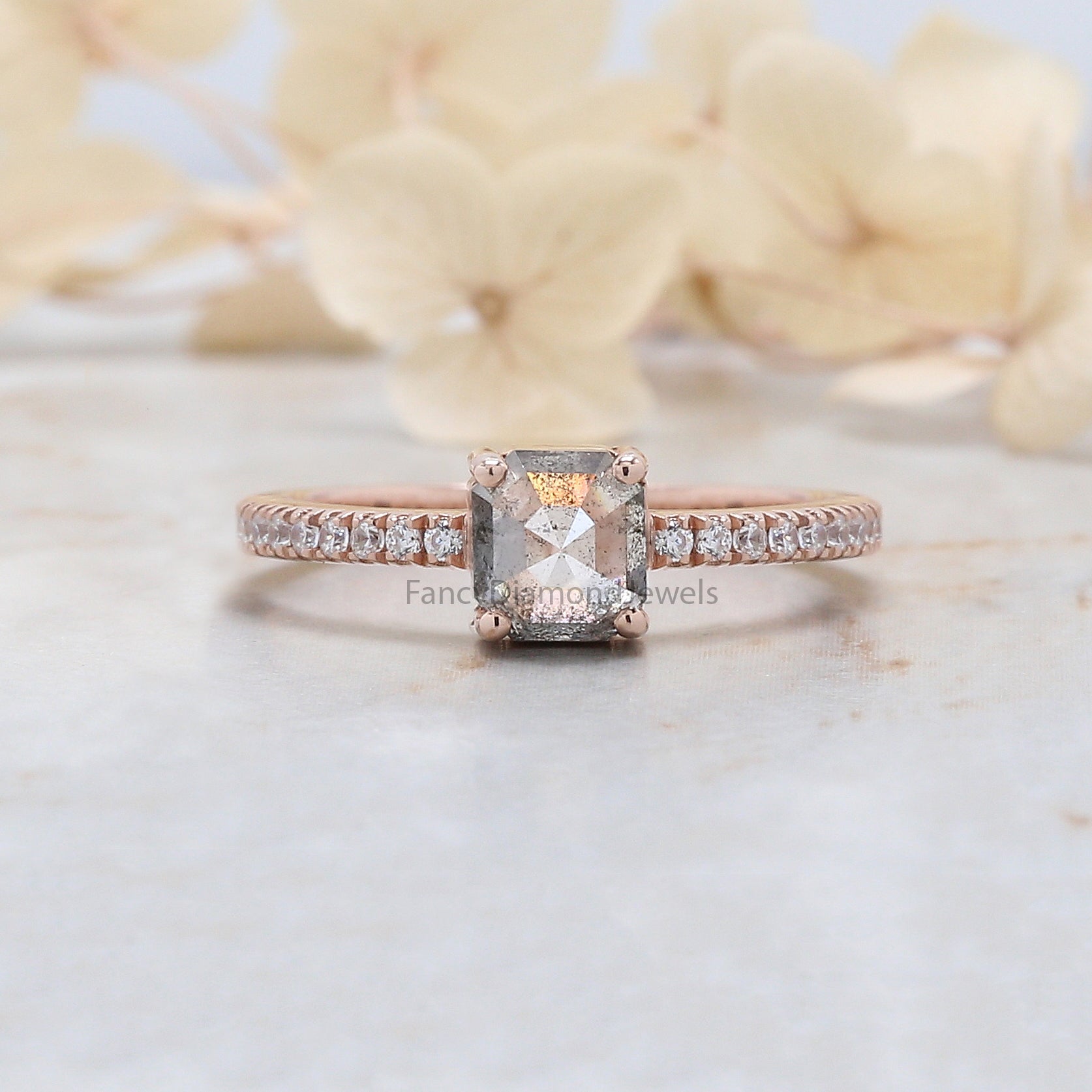 Emerald Cut Salt And Pepper Diamond Ring 1.05 Ct 5.60 MM Emerald Diamond Ring 14K Solid Rose Gold Silver Engagement Ring Gift For Her QL3062