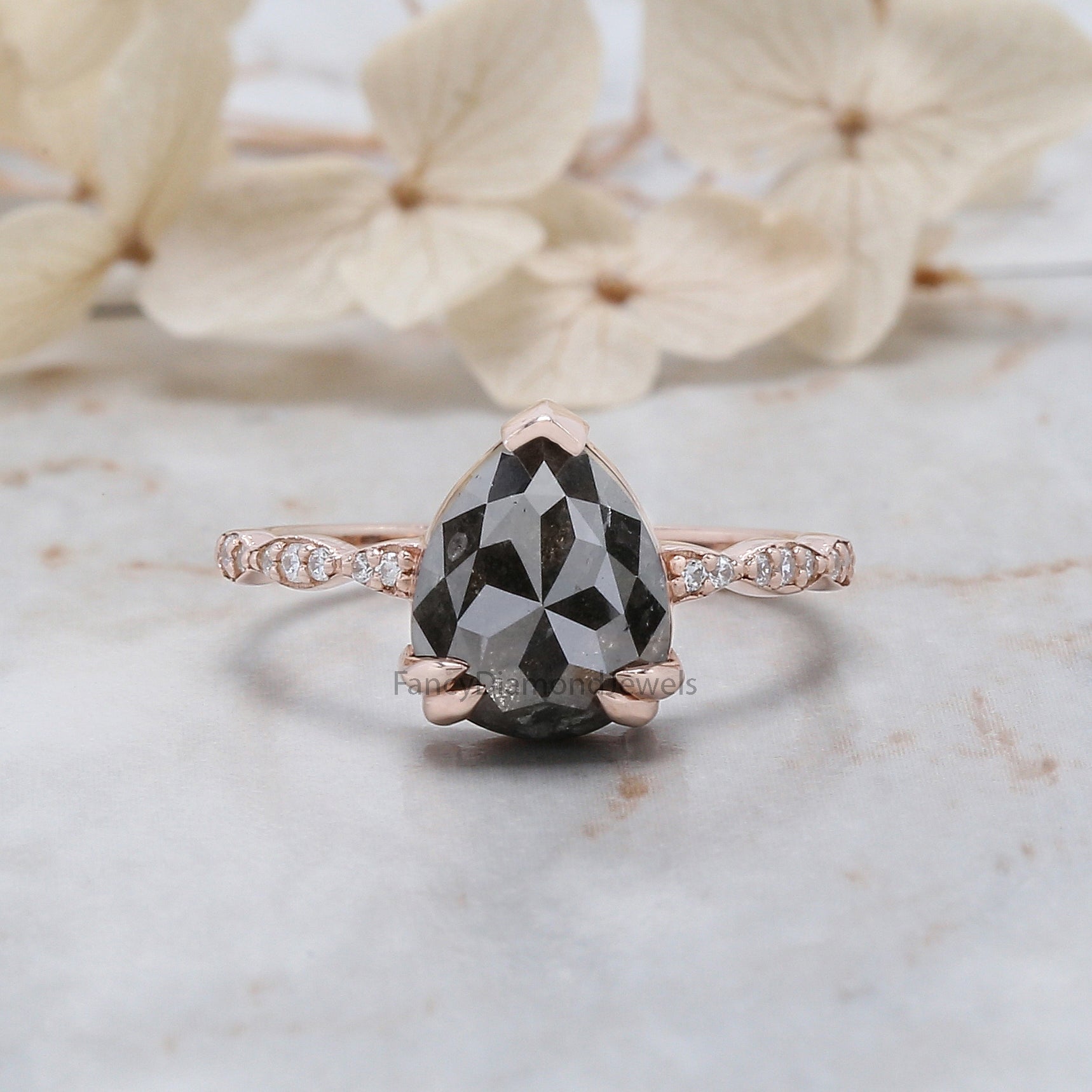 Pear Cut Salt And Pepper Diamond Ring 2.74 Ct 9.70 MM Pear Diamond Ring 14K Solid Rose Gold Silver Engagement Pear Ring Gift For Her QL3082