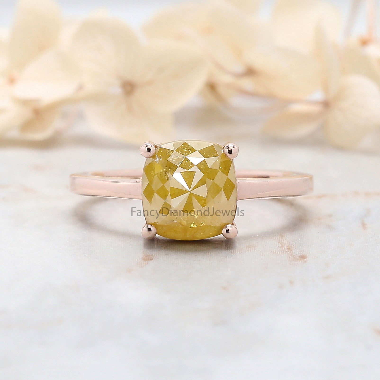 Cushion Shape Yellow Color Diamond Ring 2.94 Ct 7.70 MM Cushion Diamond Ring 14K Solid Rose Gold Silver Engagement Ring Gift For Her QL6112