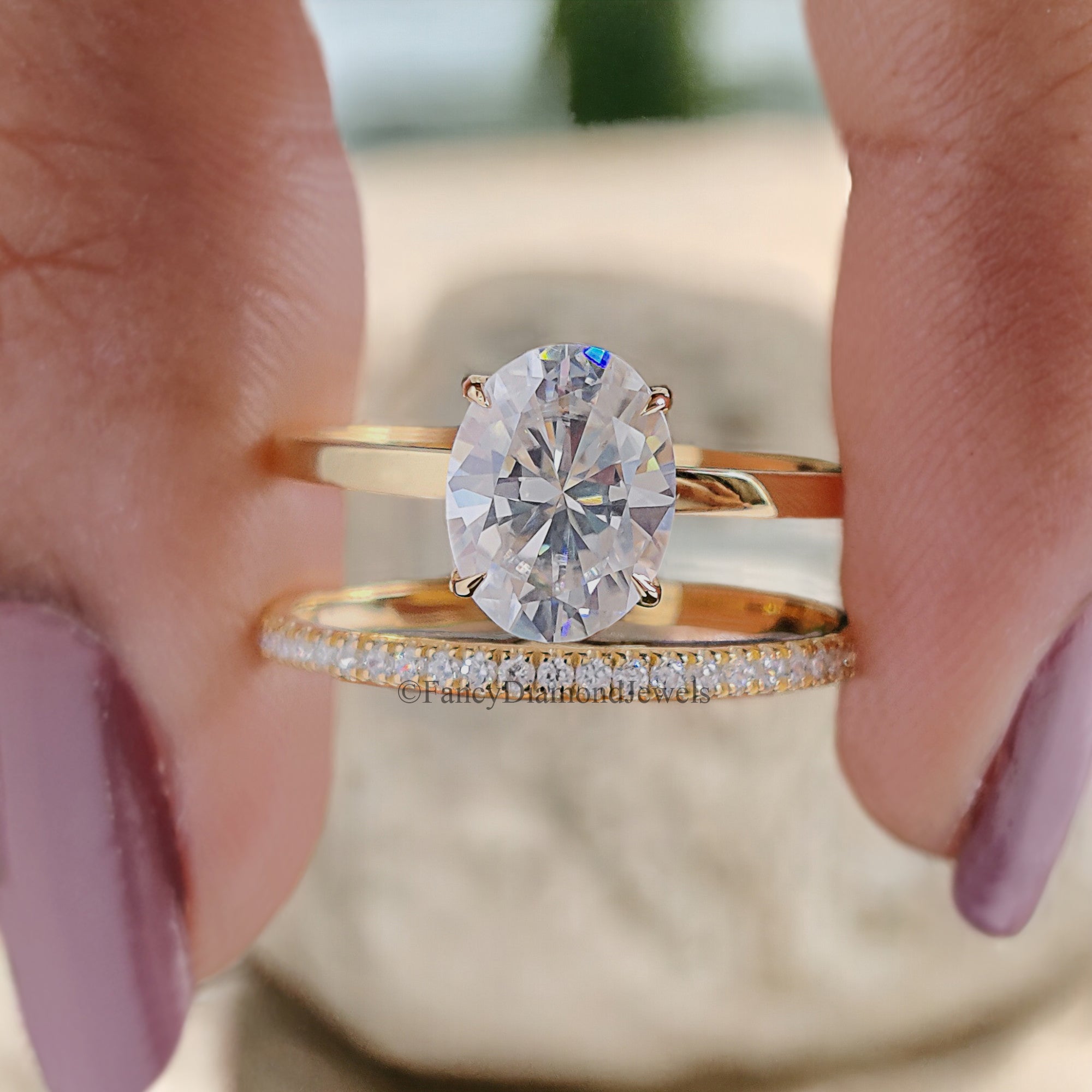 Oval Shape Moissanite Bridal Ring Set Hidden Halo Moissanite Wedding Ring Colorless Engagement Ring Matching Eternity Proposal Band FD172