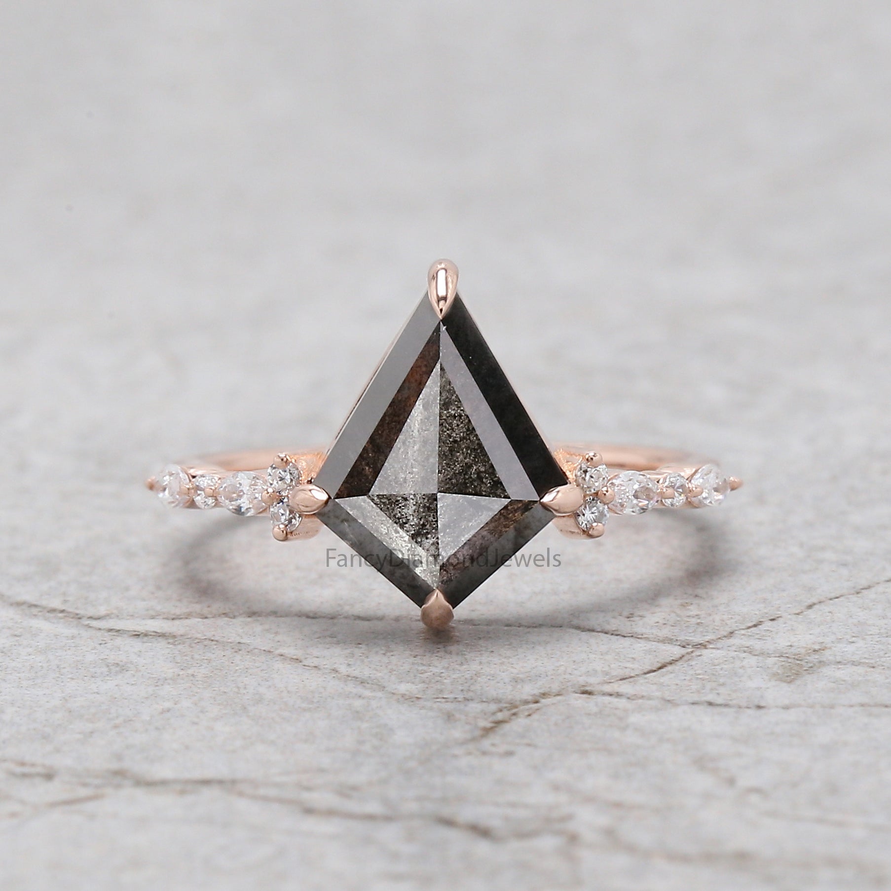 Kite Cut Salt And Pepper Diamond Ring 2.71 Ct 12.03 MM Kite Diamond Ring 14K Solid Rose Gold Silver Kite Engagement Ring Gift For Her QL2121-1