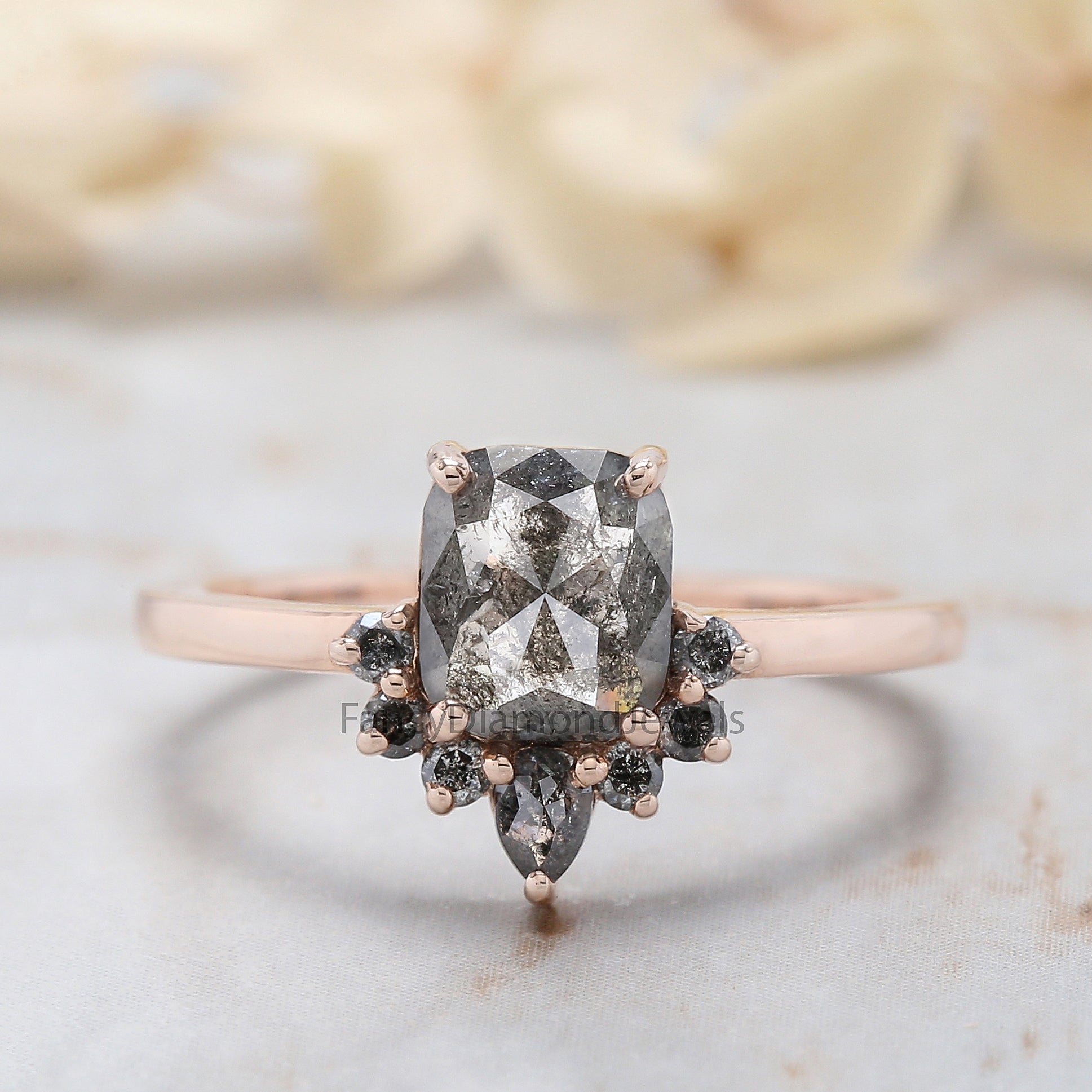 Cushion Cut Salt And Pepper Diamond Ring 1.30 Ct 6.85 MM Cushion Diamond Ring 14K Solid Rose Gold Silver Engagement Ring Gift For Her QL531