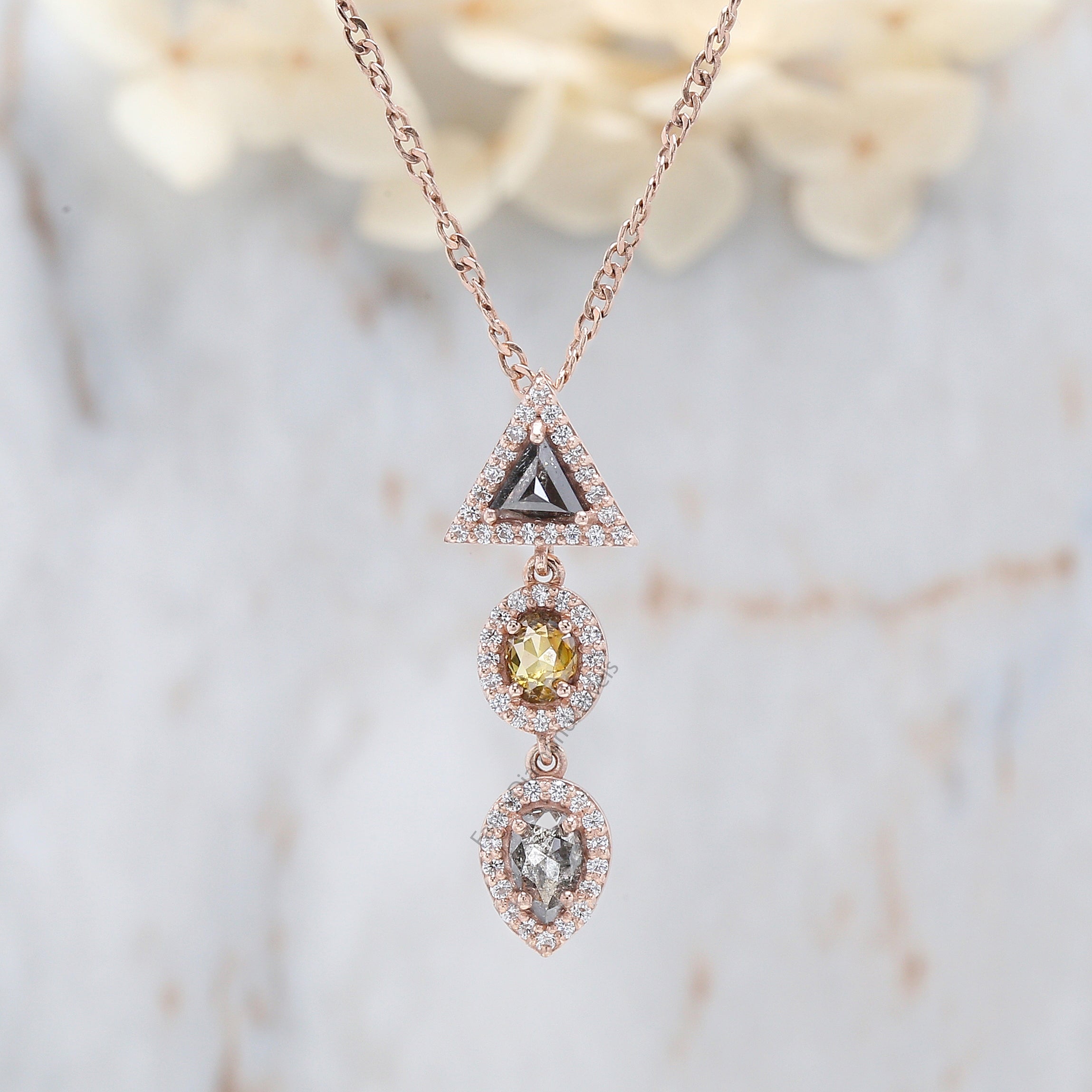 Mix Shape Black Grey Diamond Pendant 0.71 Ct 5.35 MM Mix Shape Diamond Pendant 14K Solid Rose Gold Engagement Pendant Gift For Her QL1186