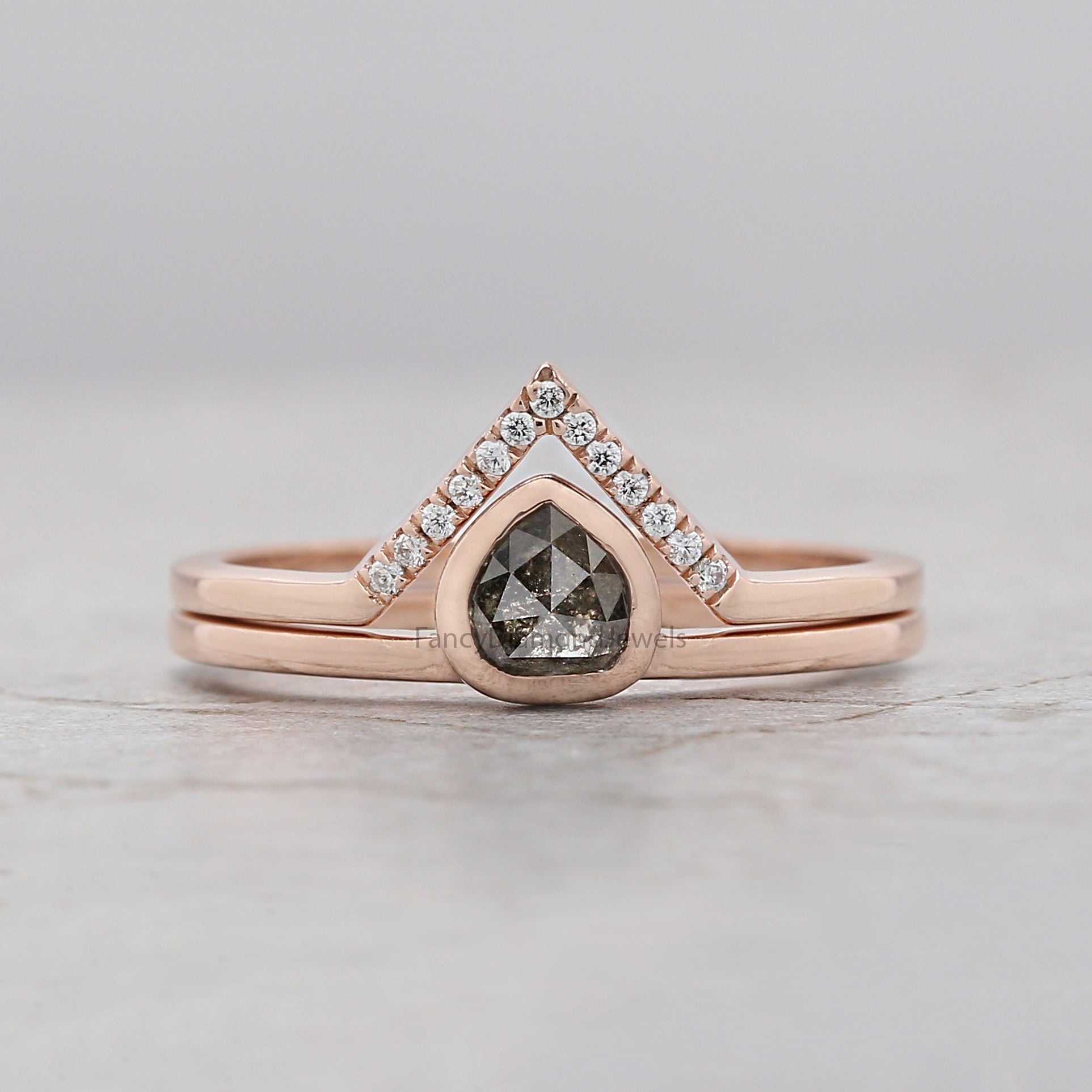 Pear salt and pepper Diamond Ring, Salt and pepper Pear Diamond Engagement Ring, Pear Diamond Ring, Pear Ring, Pear Bridal Ring Set, KD1129