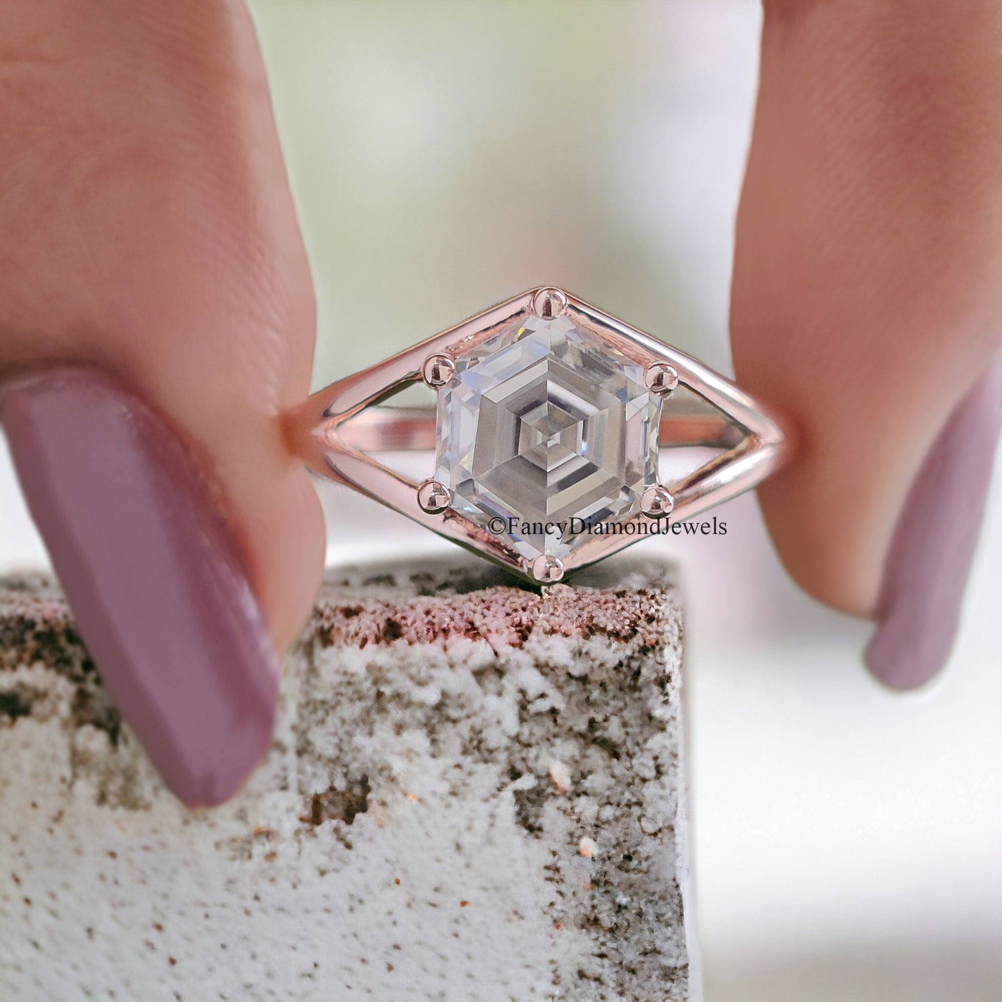 1.65 CT Hexagon Step Cut Colorless Moissanite Engagement Ring Six Round Prongs Solid Gold Wedding Ring Vintage Style Solitaire Ring FD91