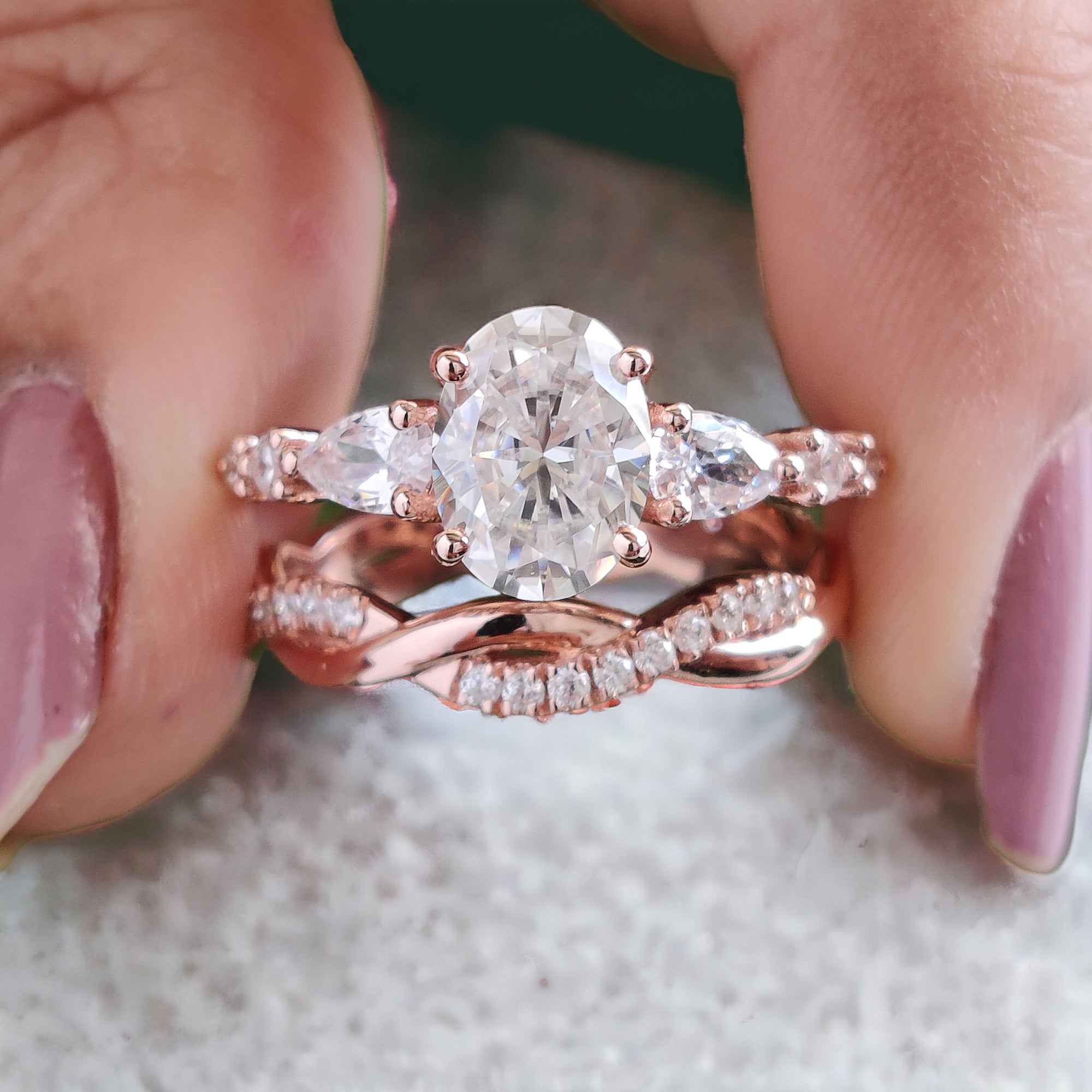 Oval cut Moissanite Engagement ring set Vintage Moissanite ring Rose Gold Curved Diamond ring Twisted band Bridal set Promise ring FD45