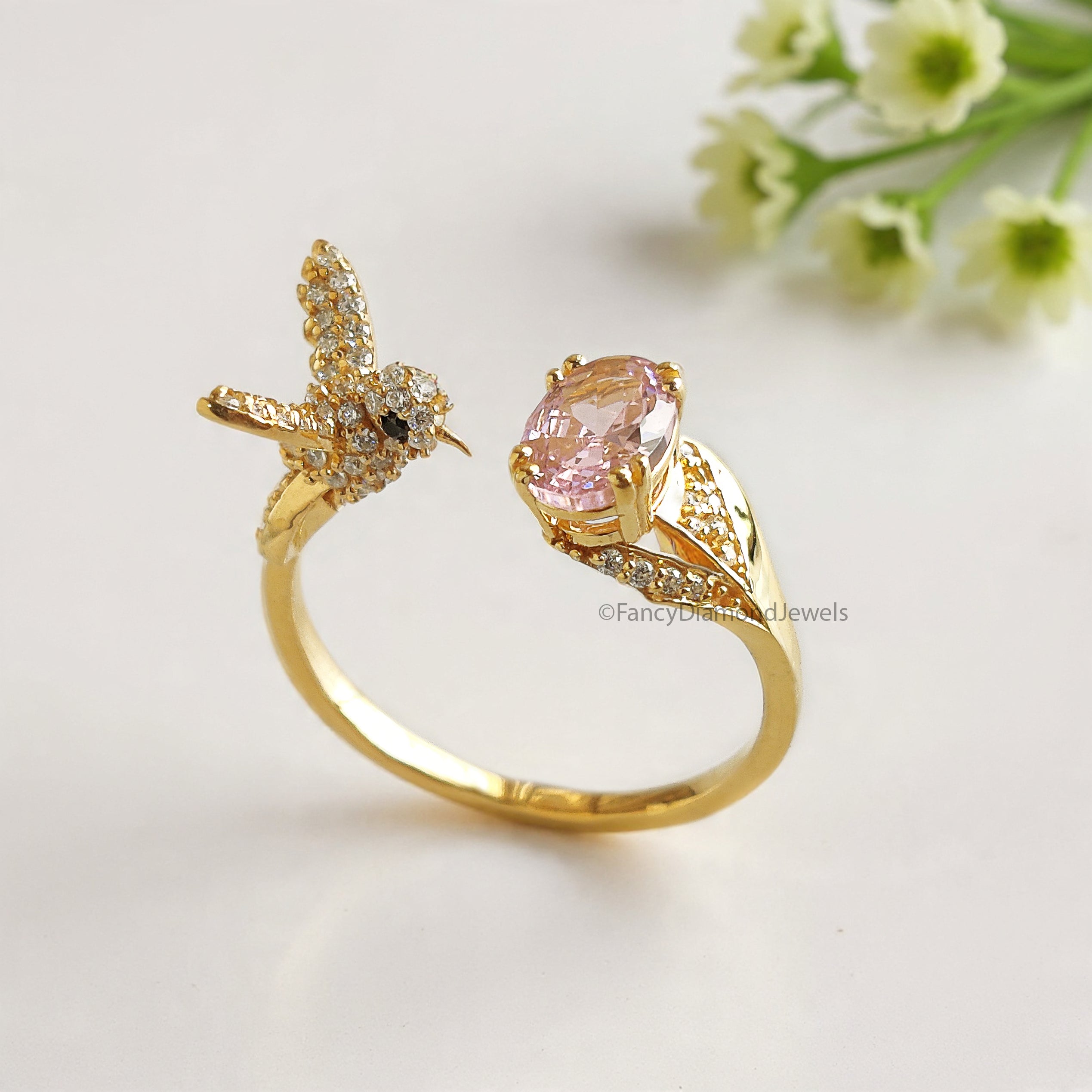 Oval Diamond Bird Ring Simulated Diamond Engagement Ring Yellow Plated Ring Anniversary Ring Simulant Pink Oval ring Gift For Her FD532