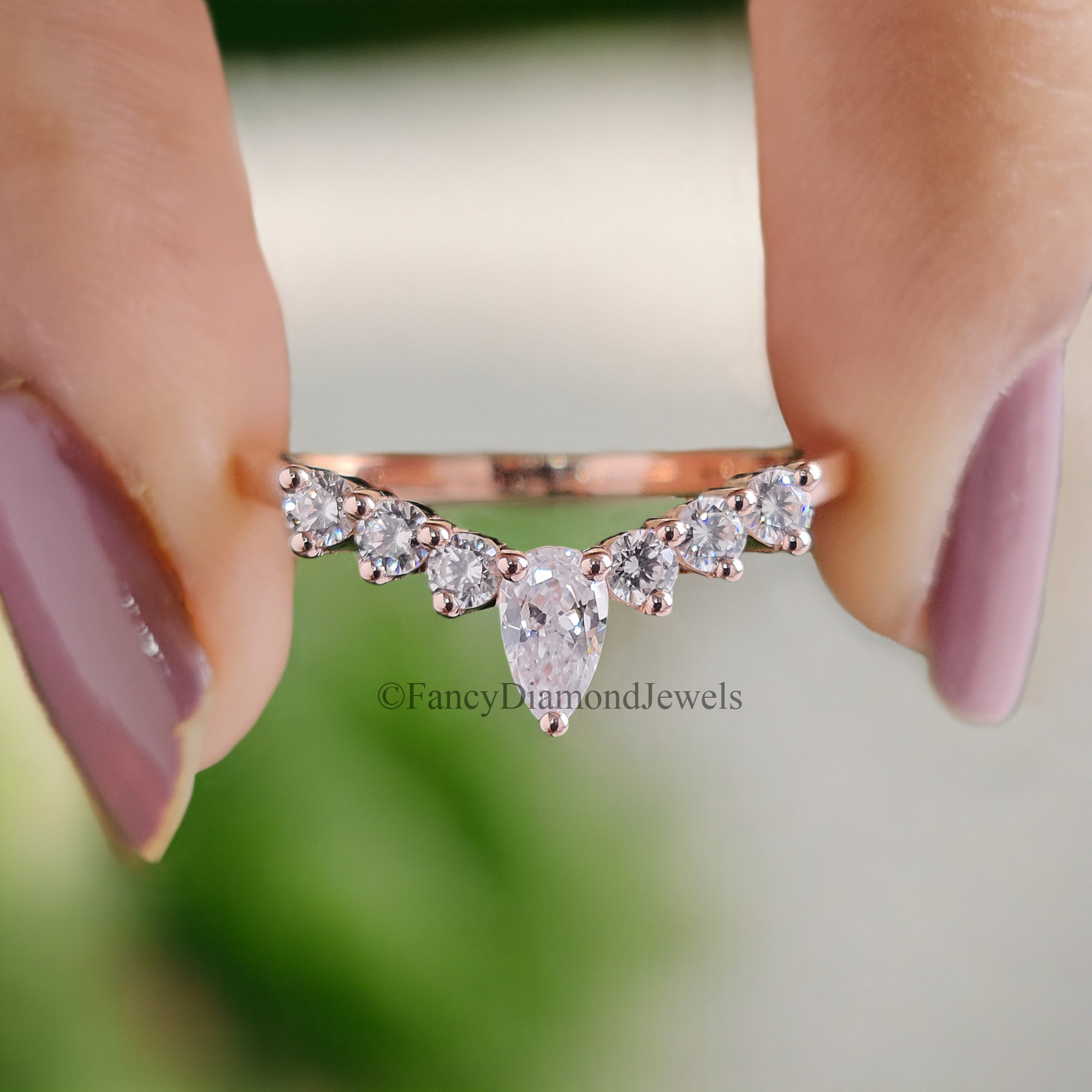 Curved Wedding Band Antique Moissanite Ring Pear cut Moissanite Wedding Band Rose Gold Unique Matching ring Anniversary dainty band FD60