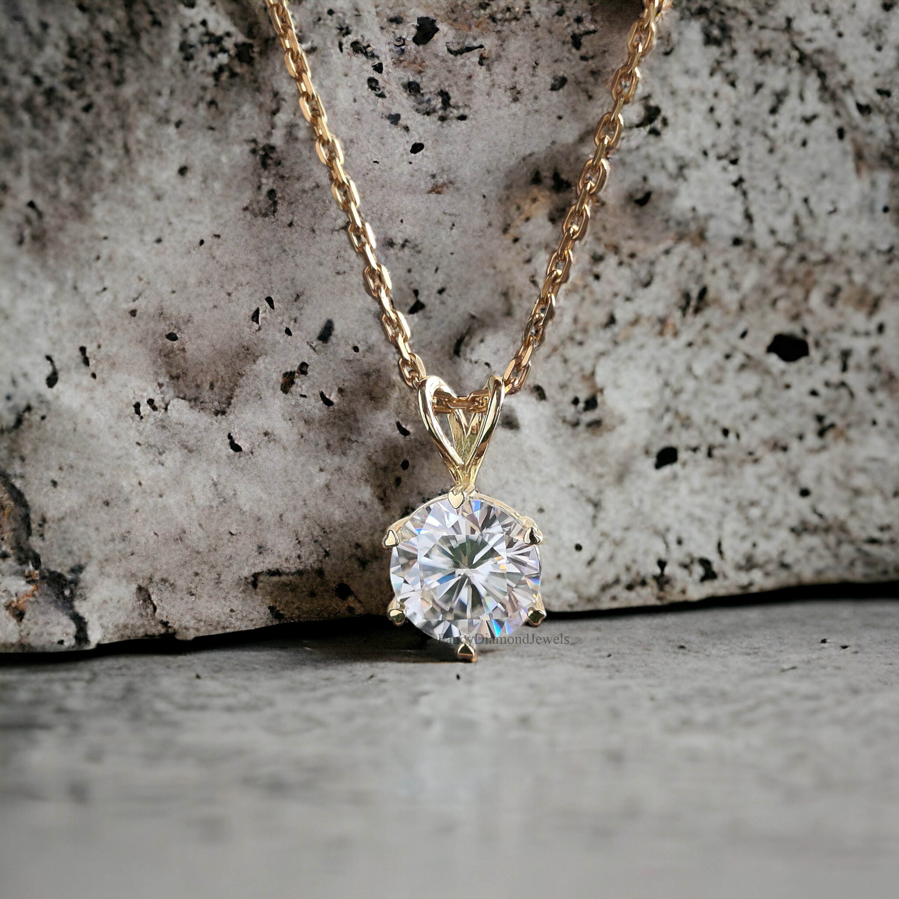 Antique Moissanite Pendant 3.50 CT Round Brilliant Cut Yellow Gold handmade jewelry Six Heart Shape prong basket setting Pendant FD151