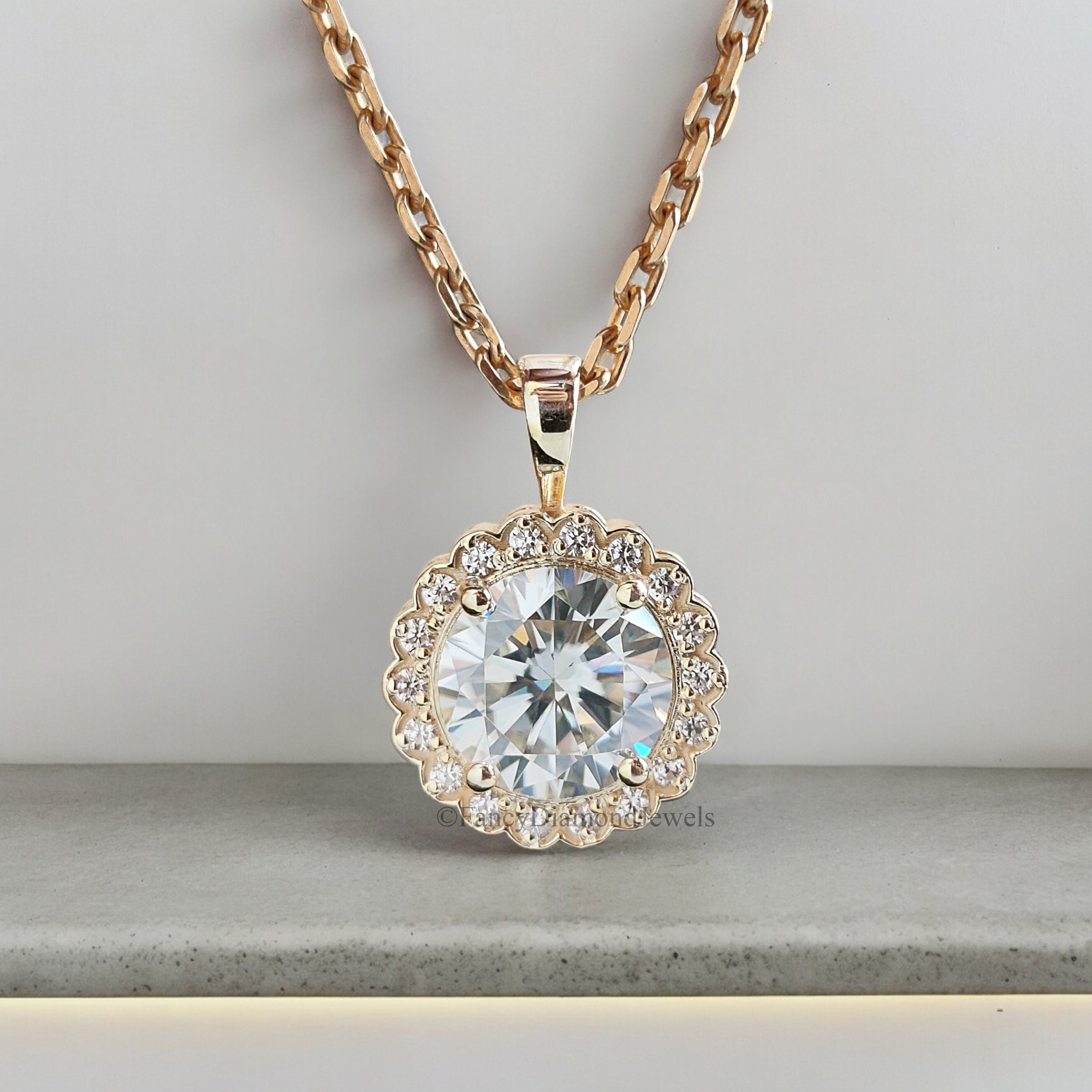 Yellow Gold Halo Pendant Necklace for Women Round Cut Pendant Necklace with Moissanite Stones Necklace for Teen Girls and Women FD189