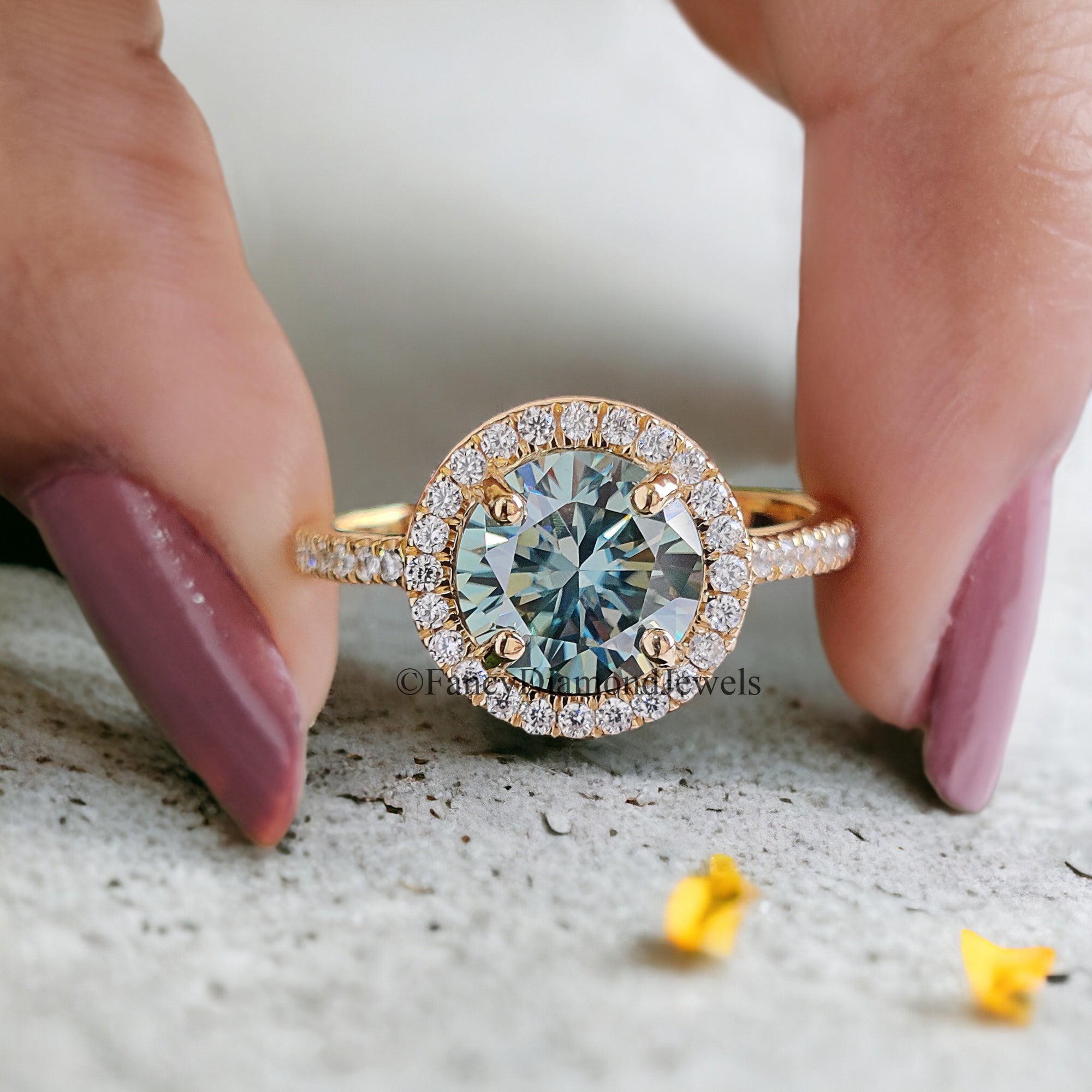 Halo Engagement Ring 1.70 CT Round Cyan Blue Moissanite Ring Wedding Ring Promise Ring Gift for Mother/Wife Ring for Women Unique Ring FD87
