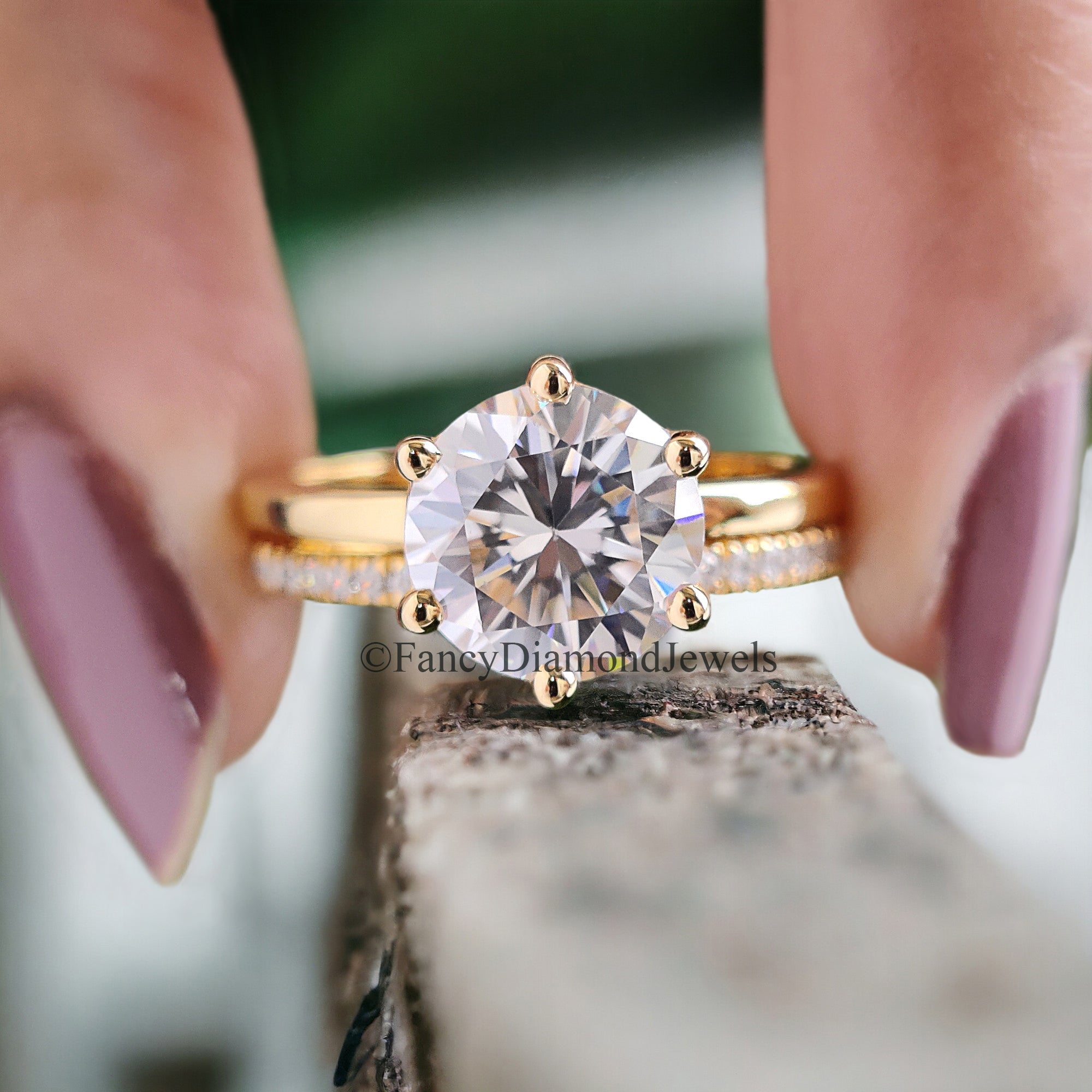 Round Moissanite Bridal Ring Solitaire Moissanite Engagement Ring Eternity Moissanite Wedding Band 14K Solid Gold Anniversary Ring Set FD98