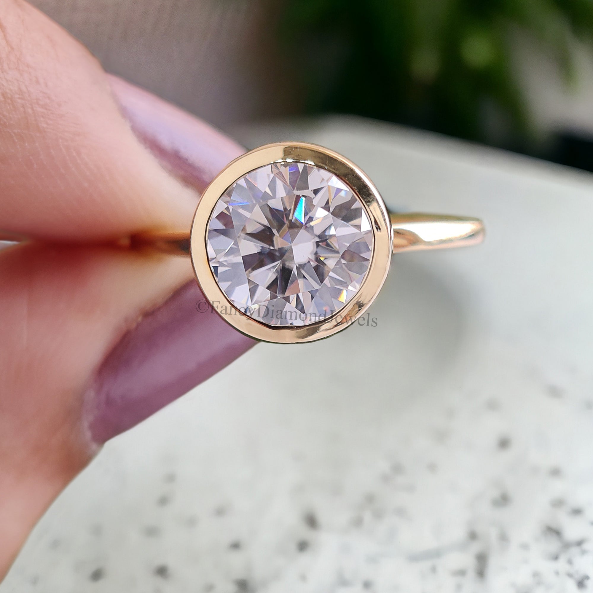 Unique 8 MM Round Heart and Arrows Cut Colorless Moissanite Bezel Set Ring Solitaire Engagement Ring Flat Comfort Fit Band Bridal Set FD113