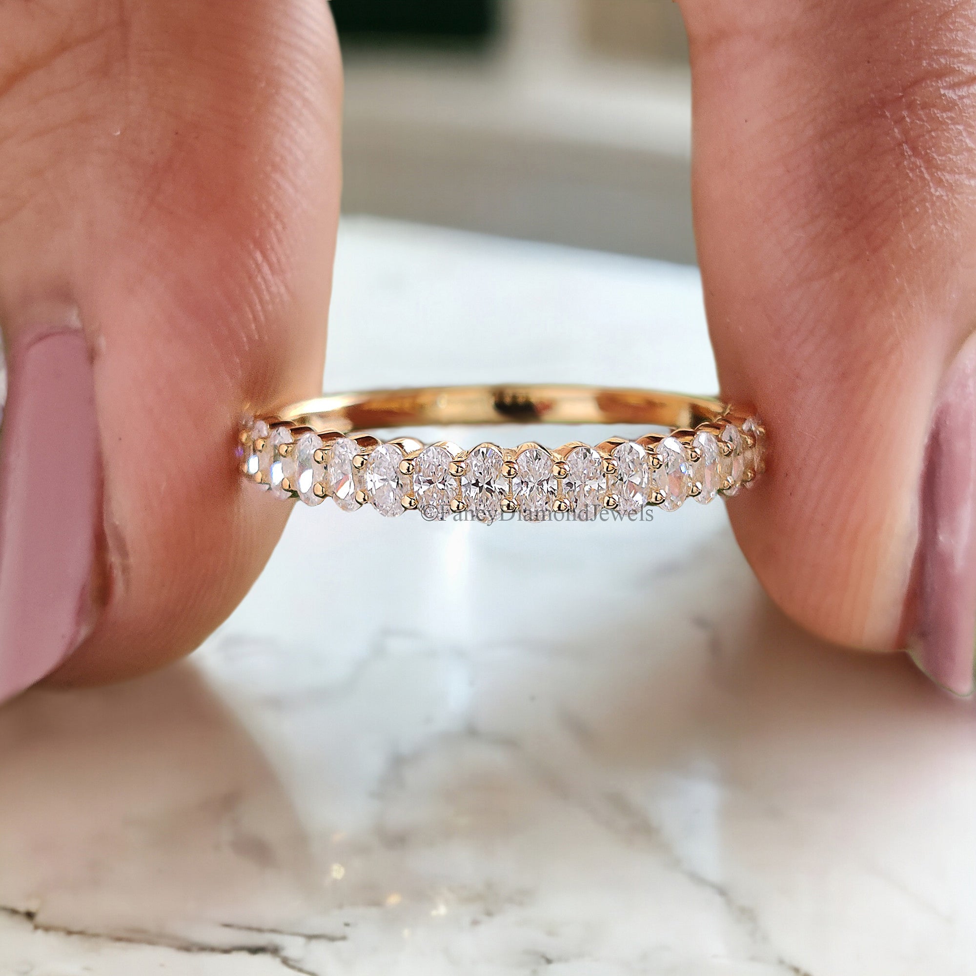 Oval cut Moissanite wedding band women yellow gold Unique Half eternity wedding band vintage Stacking Matching bridal gift for her FD131