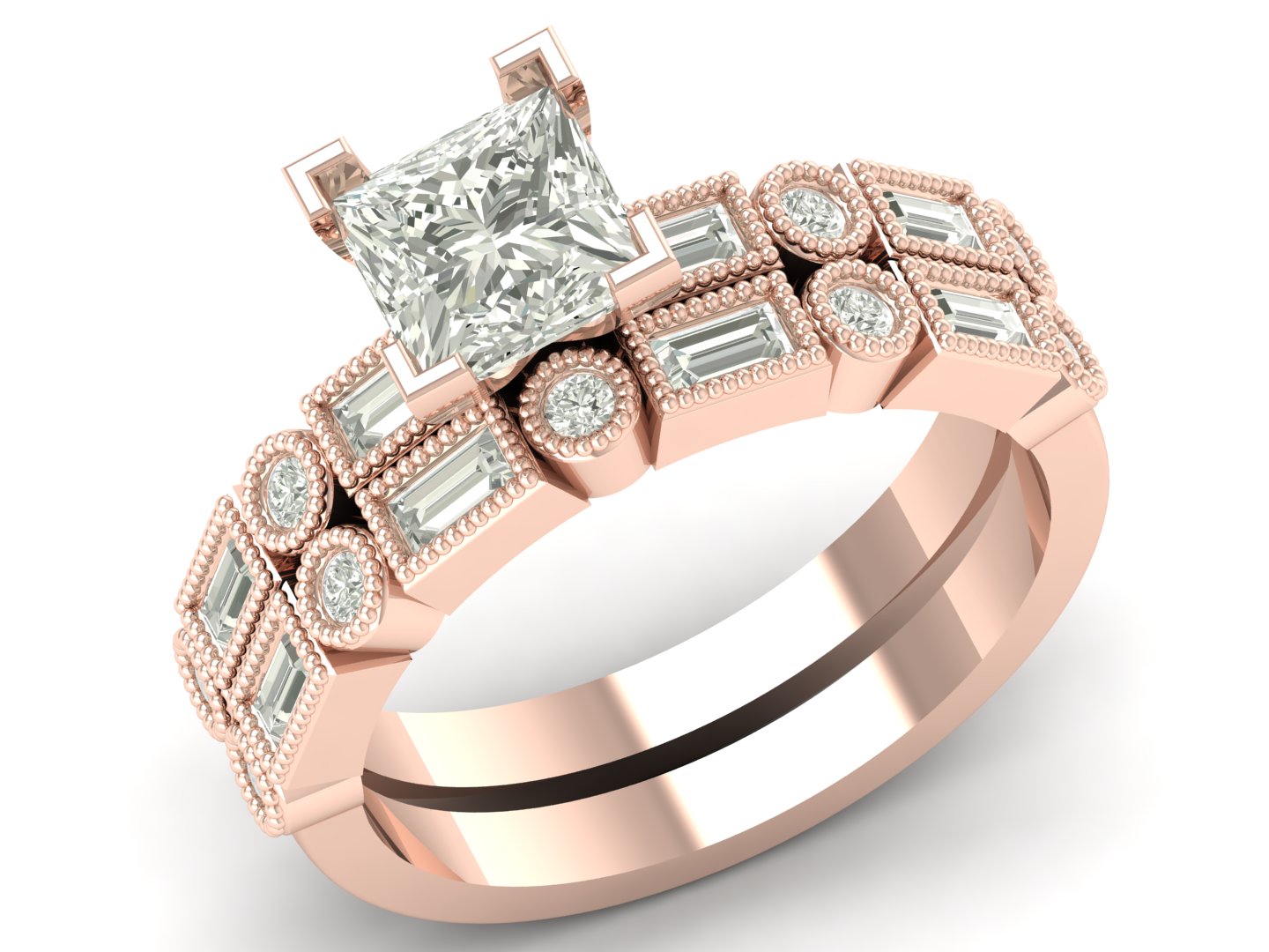 1.86 TW Unique Princess Cut Lab Grown Diamond Ring Engagement Ring Baguette/ Round Band Wedding Ring PR603