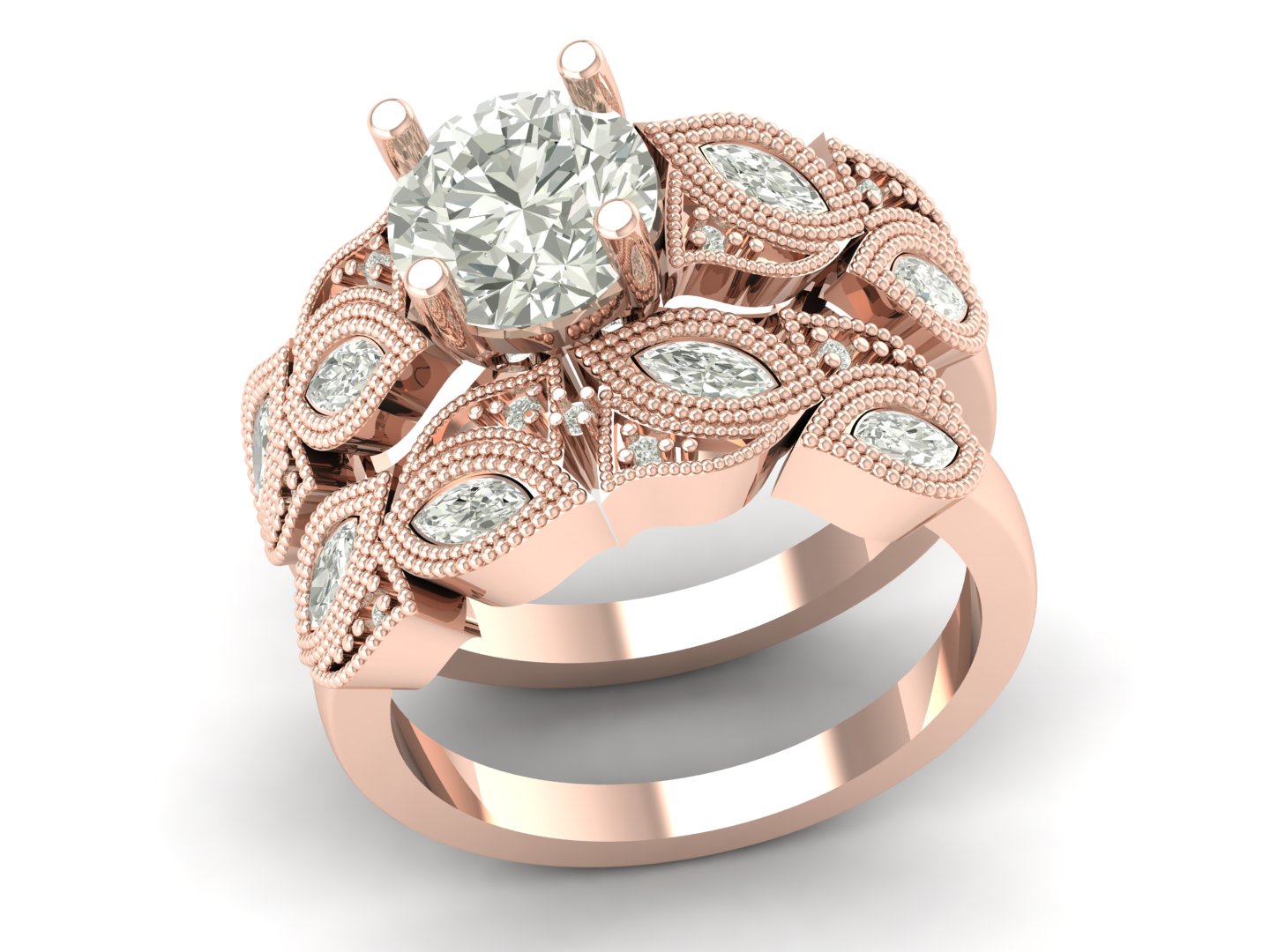 2.40 TW Unique Ring Prong Setting Round Cut Lab Grown Diamond Ring Solitaire Ring Marquise Band Set Wedding Ring Engagement Ring Set PR608