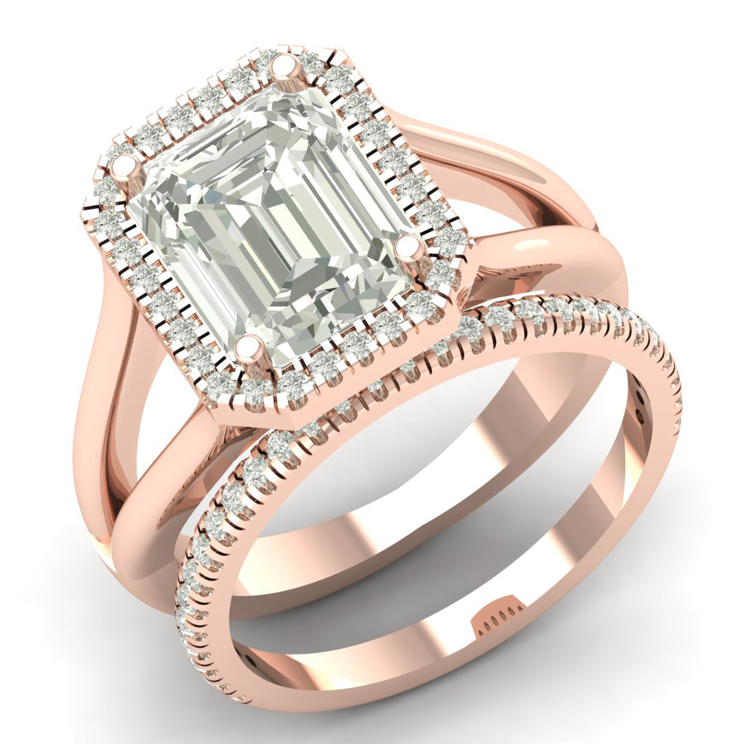 4.09 TW Unique Design Ring Emerald Cut Lab Grown Diamond Ring Halo Set Engagement Ring Split Band Wedding Ring Set PR646