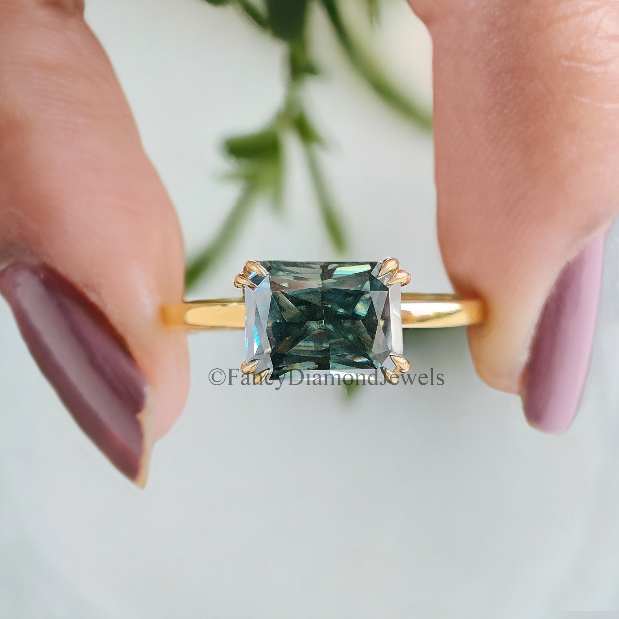 Amazing East to West Radiant Ring Double Claw Prong Ring 1.65 CT Green Radiant Moissanite Ring Solitaire Engagement Ring Wedding Ring FD65