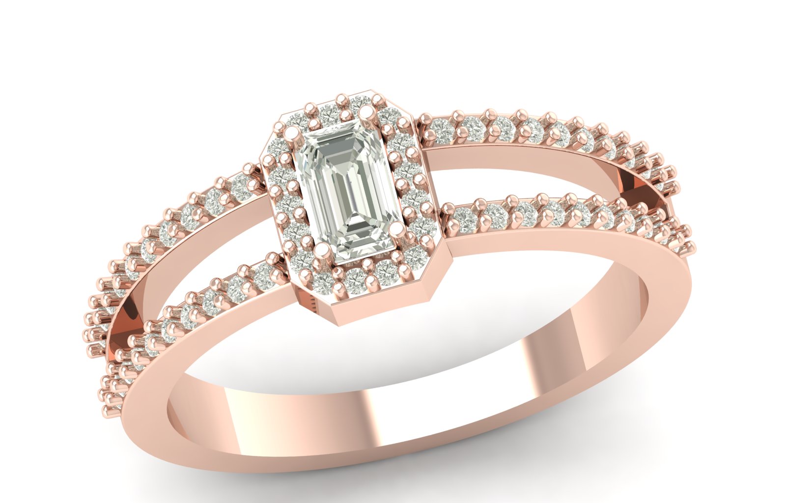 0.47 TW Unique Design Ring Emerald Cut Lab Grown Diamond Ring Halo Set Engagement Ring Split Band Wedding Ring PR612