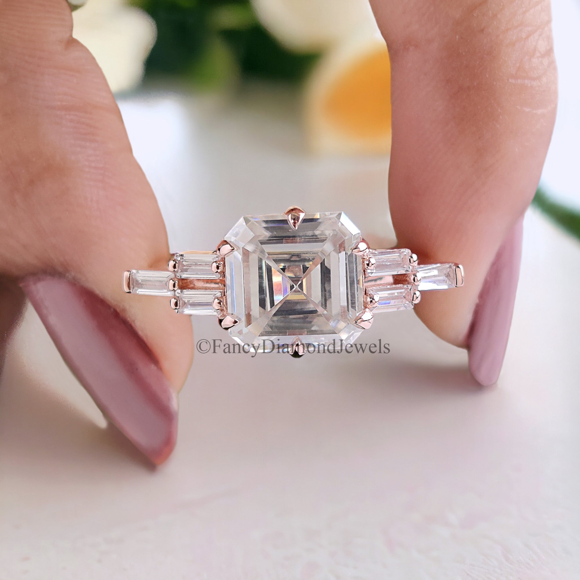 Perfect Anniversary Gift 2.50 CT Asscher Cut Colorless Moissanite Engagement Ring Side baguette Moissanite Wedding Ring Bridal Set Ring FD85
