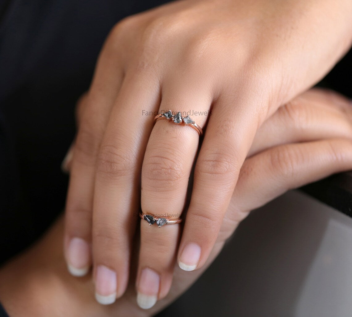 Salt And Pepper Pair Diamond Midi Ring, Mix Shape Engagement Ring, Salt And Pepper Diamond Ring, Full Finger Ring, Finger pair Ring KDN2283