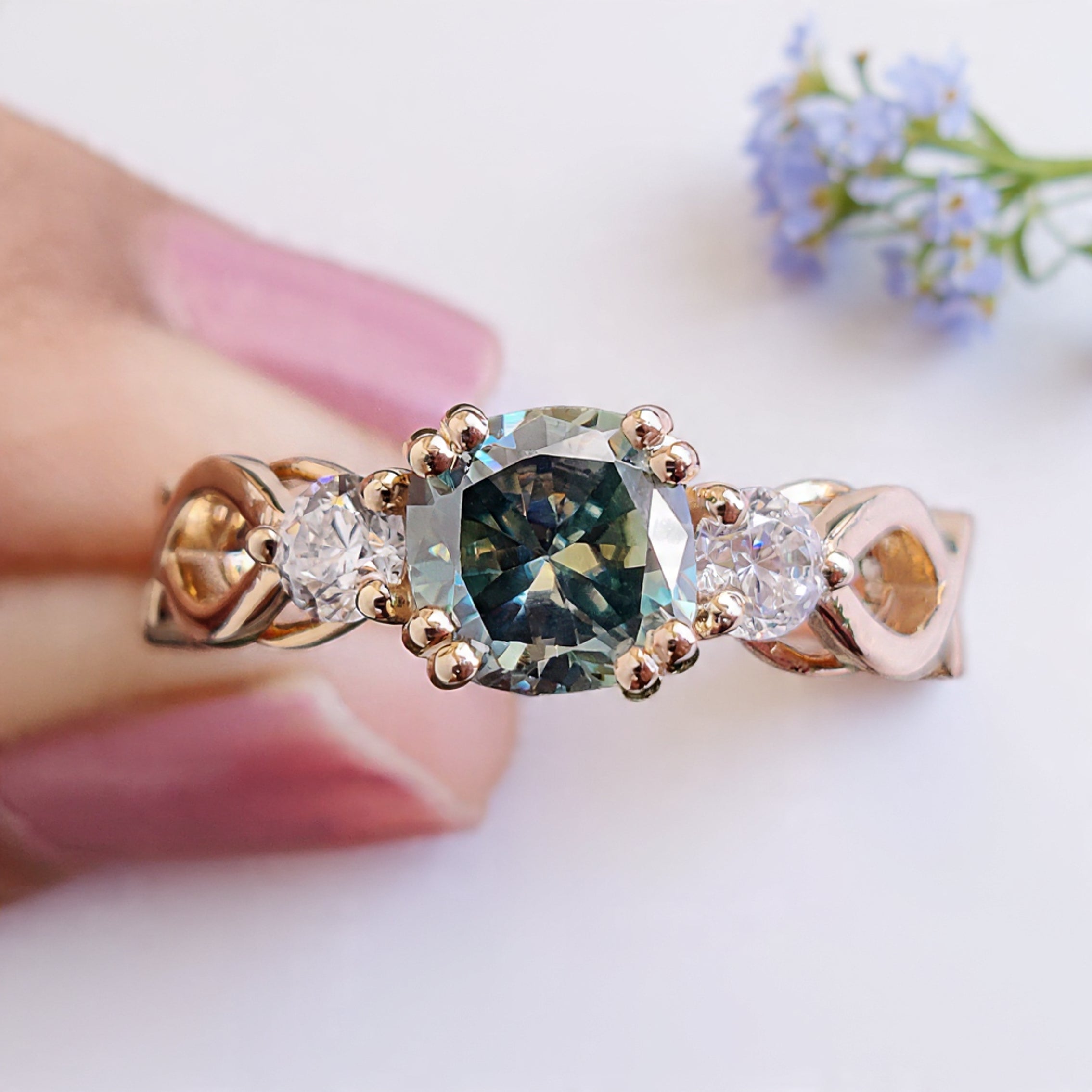 Cushion Cut Green Moissanite Engagement Ring 14K Solid Gold Ring Double Prong Set Ring Cushion Moissanite Wedding Ring Gift For Her FD467