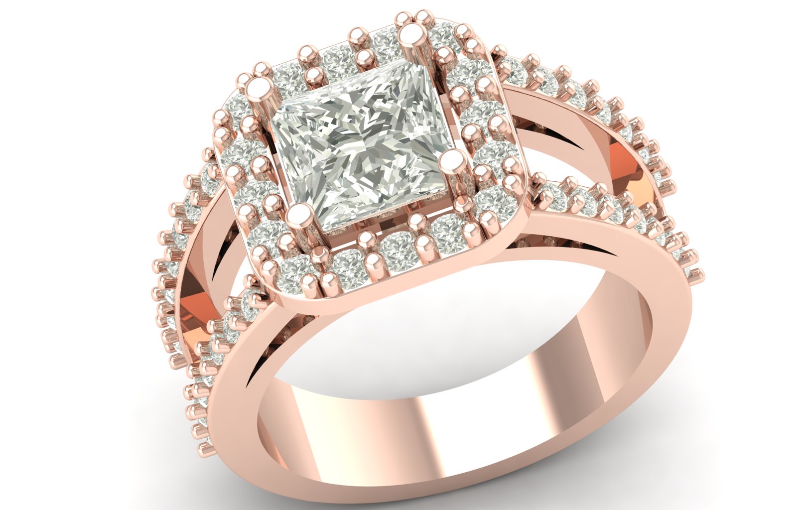 2.98 TW Unique Princess Cut Lab Grown Diamond Ring Halo & Prong Set Engagement Ring Split Wedding Ring Set PR636