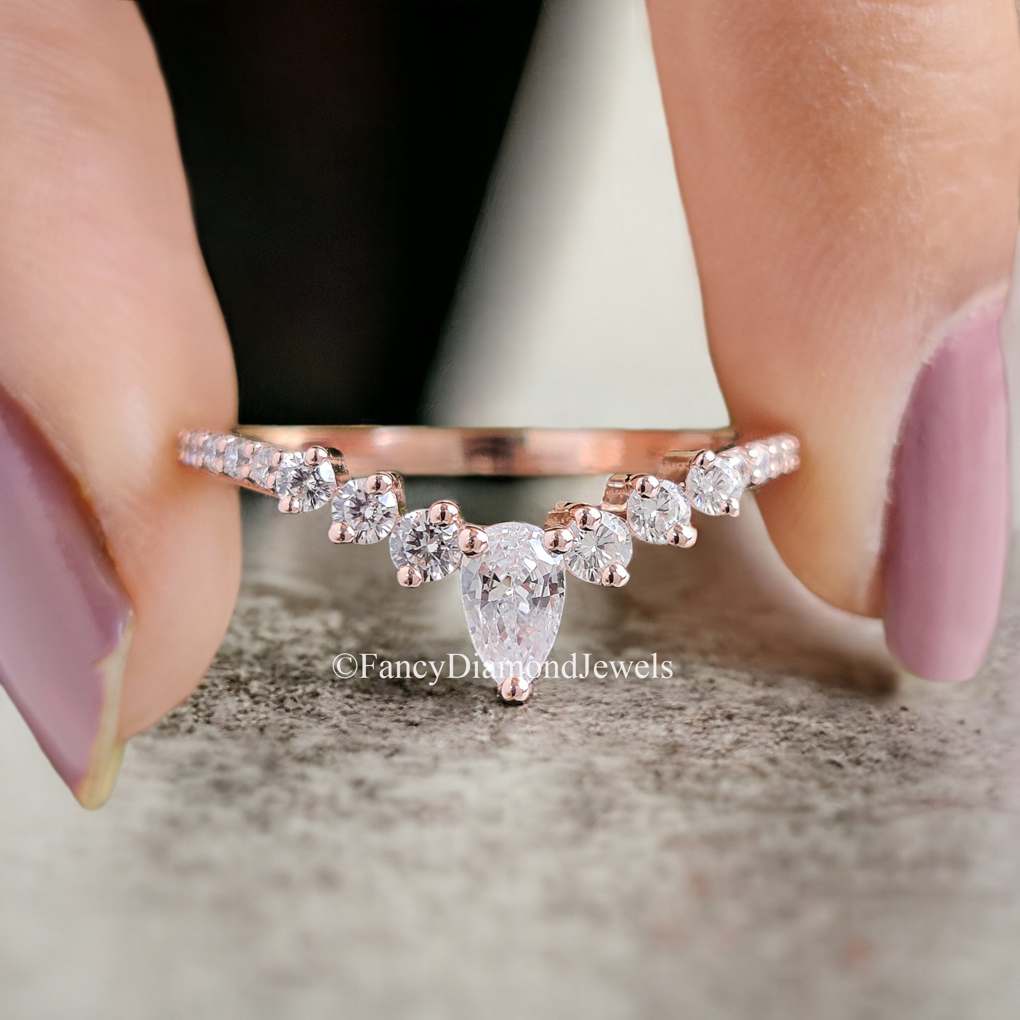 Curved wedding band Antique Pear cut Moissanite ring Rose Gold Unique Matching ring Half eternity Anniversary Stacking dainty band FD63
