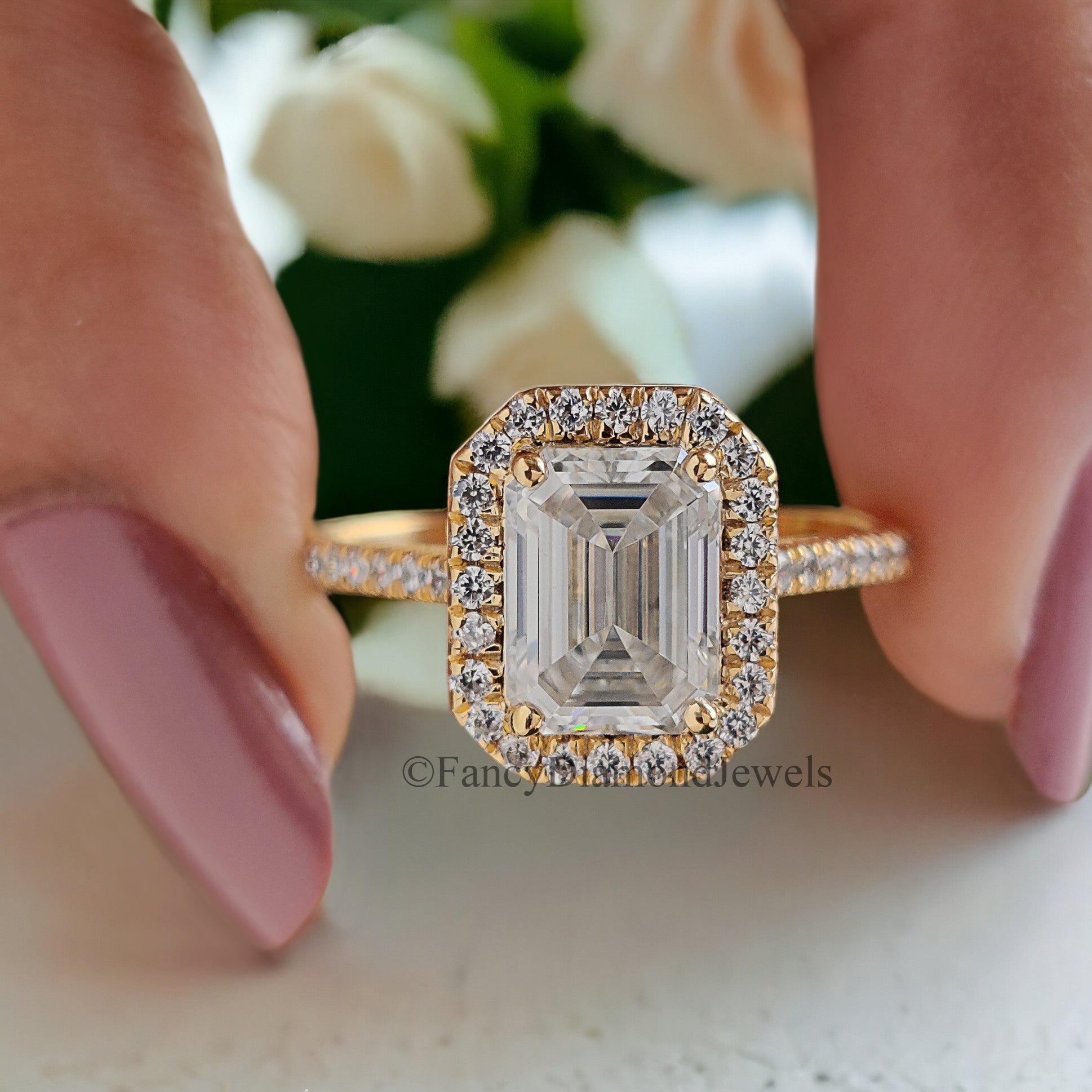 1.5 CT Emerald Cut Moissanite Solitaire Ring 14K Yellow Gold Engagement Ring Halo Setting Statement Ring Gift For Her Anniversary Ring FD89